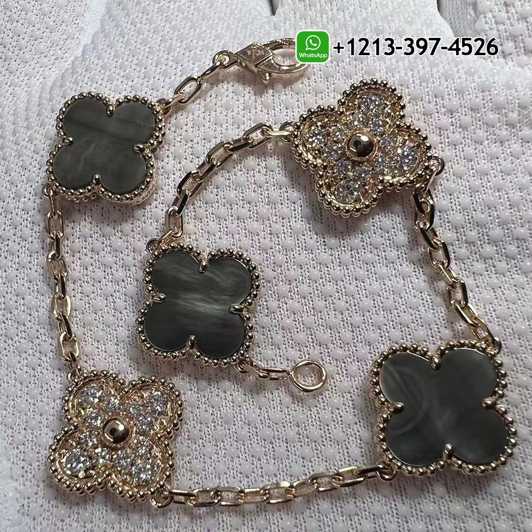 Van-Cleef-18k-Rose-Gold-Vintage-Alhambra-Gray-Mother-of-Peal-Diamond-5-Motifs-Bracelet-VCARP2R100.jpg Custom Made Best Sellers Quality 1:1 Copy Van Cleef 18k Rose Gold Vintage Alhambra Gray Mother of Peal & Diamond 5 Motifs Bracelet - High Quality 18k Gold and Diamond Luxury Distinctive Collection Designer Jewelry Customized Factory Price
