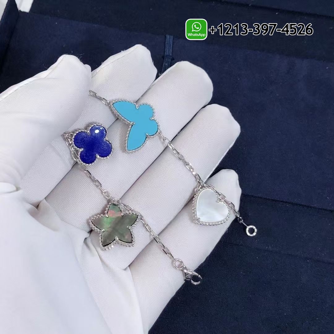 Van-Cleef-18k-White-Gold-Lapis-Mother-of-Pearl-and-Turquoise-4-Motif-Lucky-Alhambra-Bracelet-VCARD79600-1.jpg Custom Made Best Sellers Quality 1:1 Van Cleef 18k White Gold Lapis Mother-of-Pearl and Turquoise 4 Motif Lucky Alhambra Bracelet - High Quality 18k Gold and Diamond Luxury Distinctive Collection Designer Jewelry Customized Factory Price - Image 2