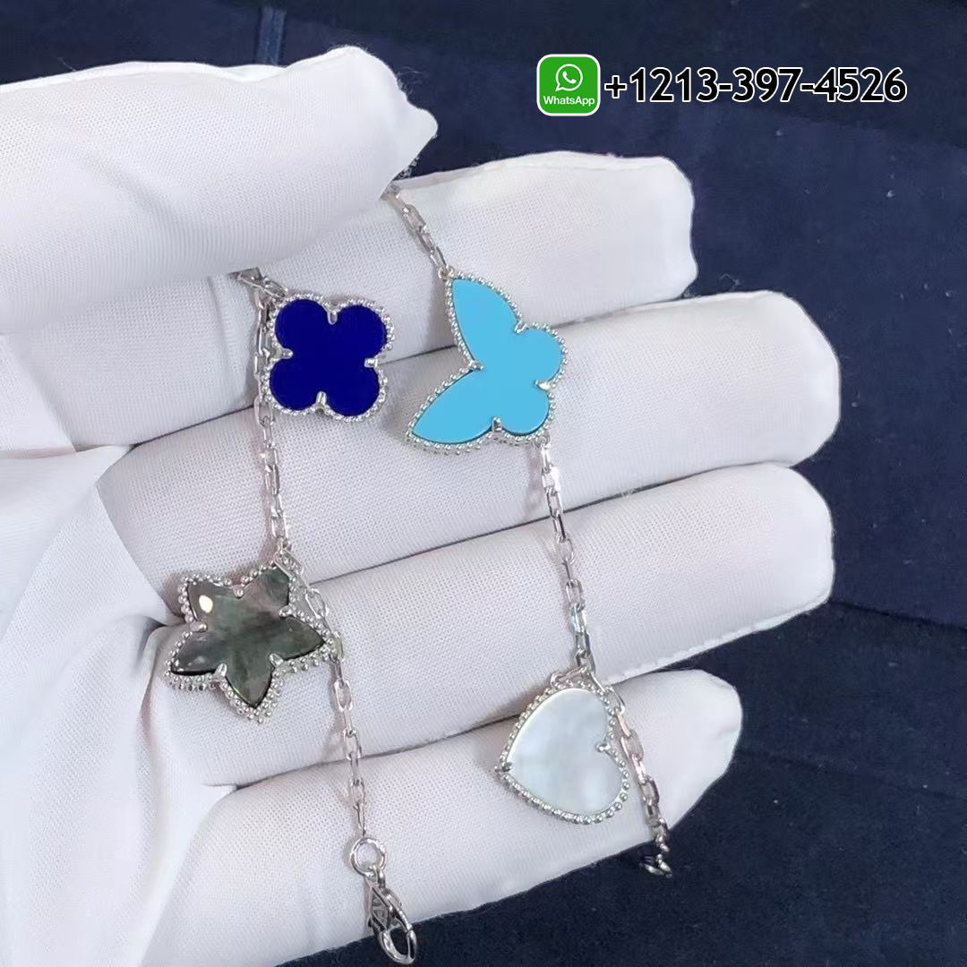 Van-Cleef-18k-White-Gold-Lapis-Mother-of-Pearl-and-Turquoise-4-Motif-Lucky-Alhambra-Bracelet-VCARD79600-3.jpg Custom Made Best Sellers Quality 1:1 Van Cleef 18k White Gold Lapis Mother-of-Pearl and Turquoise 4 Motif Lucky Alhambra Bracelet - High Quality 18k Gold and Diamond Luxury Distinctive Collection Designer Jewelry Customized Factory Price - Image 3