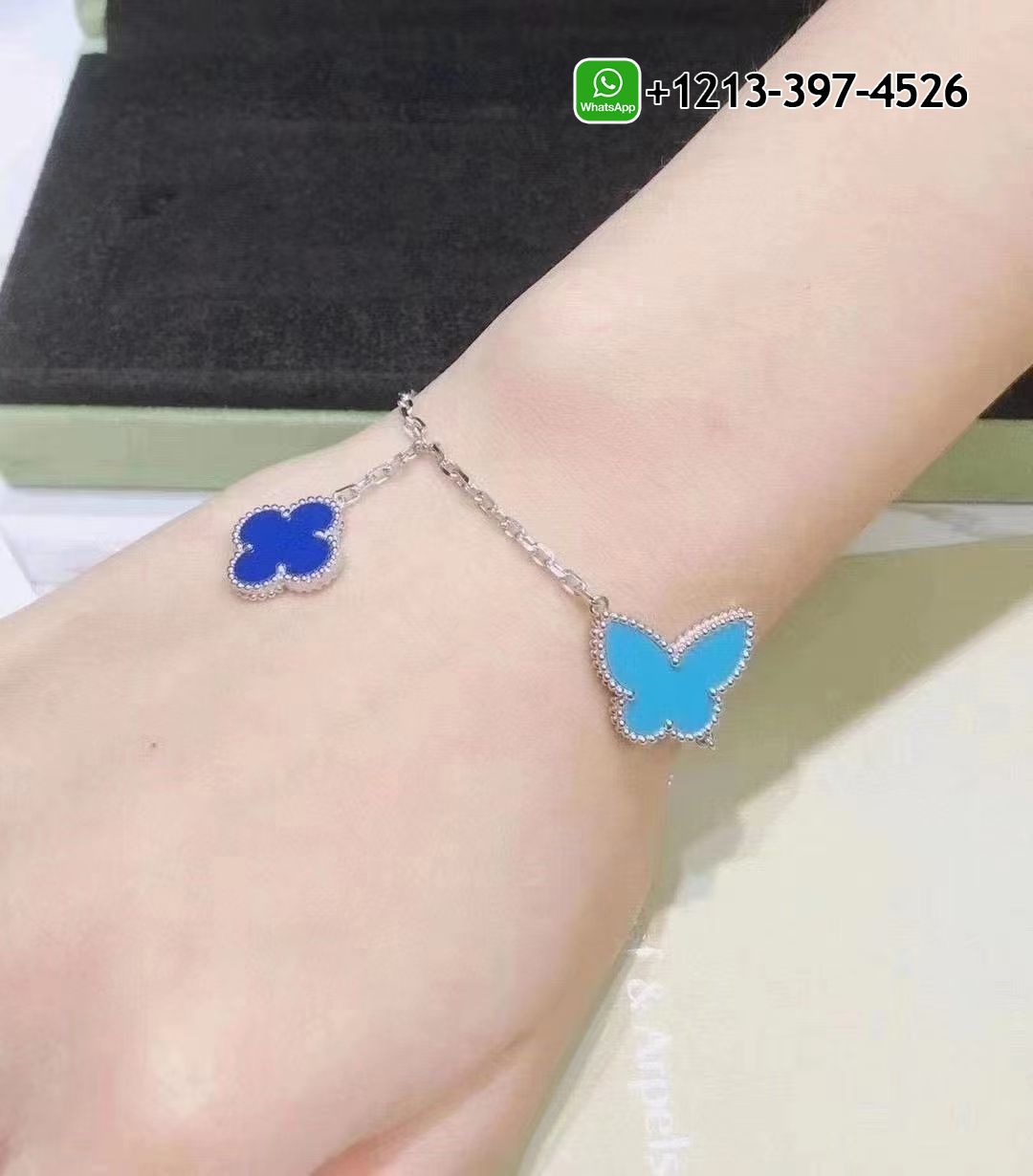 Van-Cleef-18k-White-Gold-Lapis-Mother-of-Pearl-and-Turquoise-4-Motif-Lucky-Alhambra-Bracelet-VCARD79600-4.jpg Custom Made Best Sellers Quality 1:1 Van Cleef 18k White Gold Lapis Mother-of-Pearl and Turquoise 4 Motif Lucky Alhambra Bracelet - High Quality 18k Gold and Diamond Luxury Distinctive Collection Designer Jewelry Customized Factory Price - Image 5
