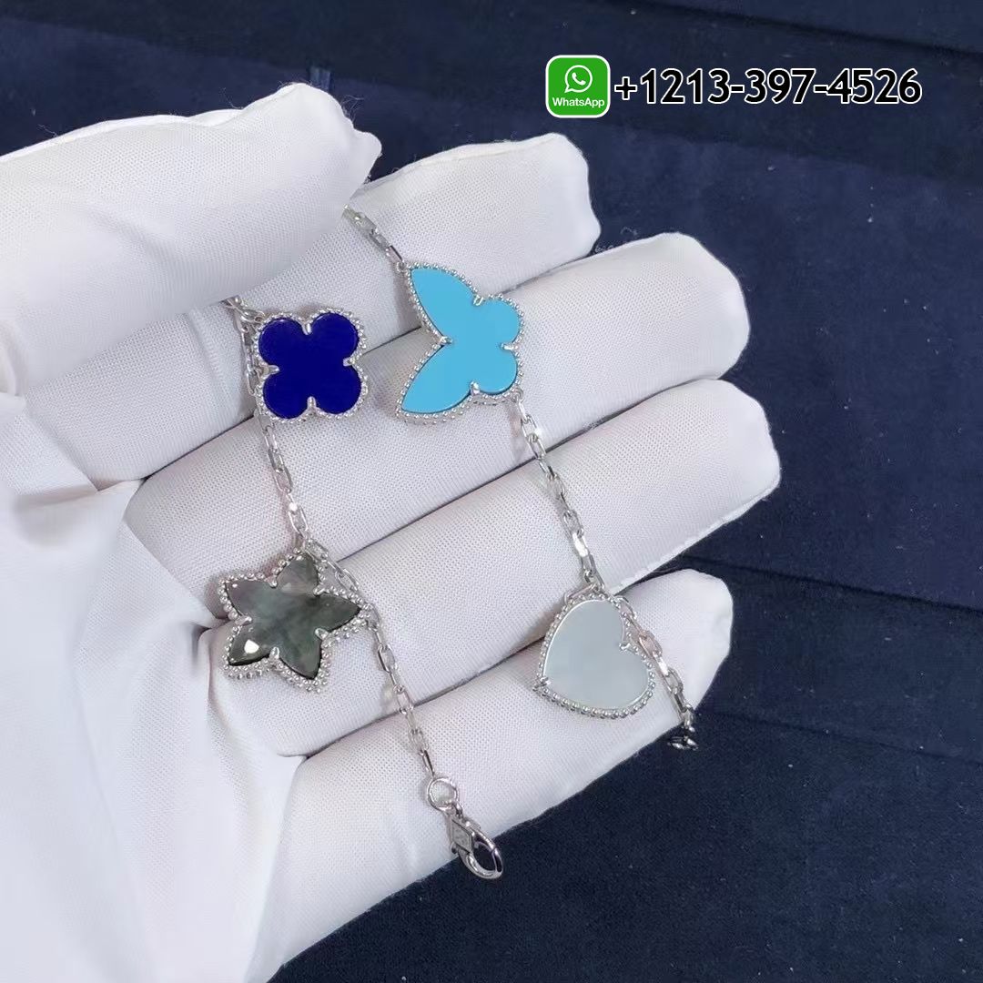 Custom Made Best Sellers Quality 1:1 Van Cleef 18k White Gold Lapis Mother-of-Pearl and Turquoise 4 Motif Lucky Alhambra Bracelet - High Quality 18k Gold and Diamond Luxury Distinctive Collection Designer Jewelry Customized Factory Price Van Cleef 18k White Gold Lapis Mother Of Pearl And Turquoise 4 Motif Lucky Alhambra Bracelet VCARD79600