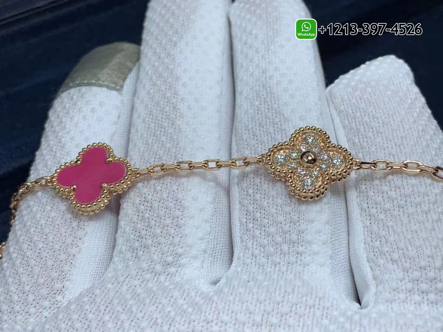 Van-Cleef-Arpels-18K-Pink-Opal-Diamond-5-Motifs-Vintage-Alhambra-Bracelet-1.jpg Custom Made Best Quality 1:1 Cheap Van Cleef & Arpels 18K Pink Opal Diamond 5 Motifs Vintage Alhambra Bracelet - High Quality 18k Gold and Diamond Luxury Distinctive Collection Designer Jewelry Customized Factory Price - Image 2