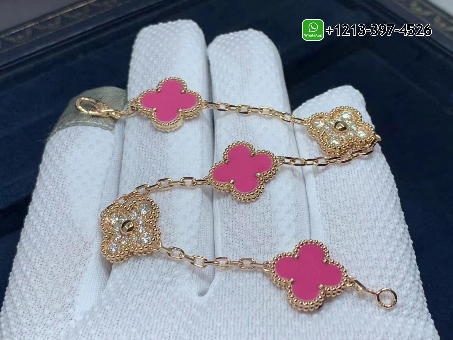 Van-Cleef-Arpels-18K-Pink-Opal-Diamond-5-Motifs-Vintage-Alhambra-Bracelet-2.jpg Custom Made Best Quality 1:1 Cheap Van Cleef & Arpels 18K Pink Opal Diamond 5 Motifs Vintage Alhambra Bracelet - High Quality 18k Gold and Diamond Luxury Distinctive Collection Designer Jewelry Customized Factory Price - Image 3