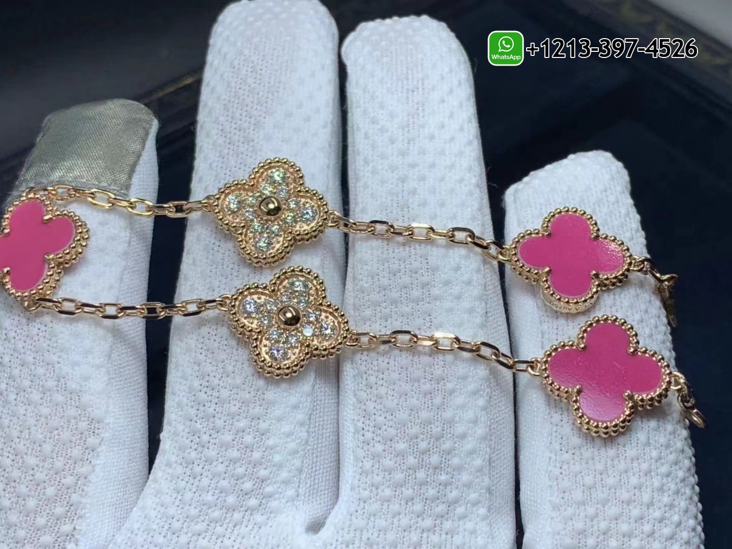 Van-Cleef-Arpels-18K-Pink-Opal-Diamond-5-Motifs-Vintage-Alhambra-Bracelet-4.jpg Custom Made Best Quality 1:1 Cheap Van Cleef & Arpels 18K Pink Opal Diamond 5 Motifs Vintage Alhambra Bracelet - High Quality 18k Gold and Diamond Luxury Distinctive Collection Designer Jewelry Customized Factory Price - Image 5