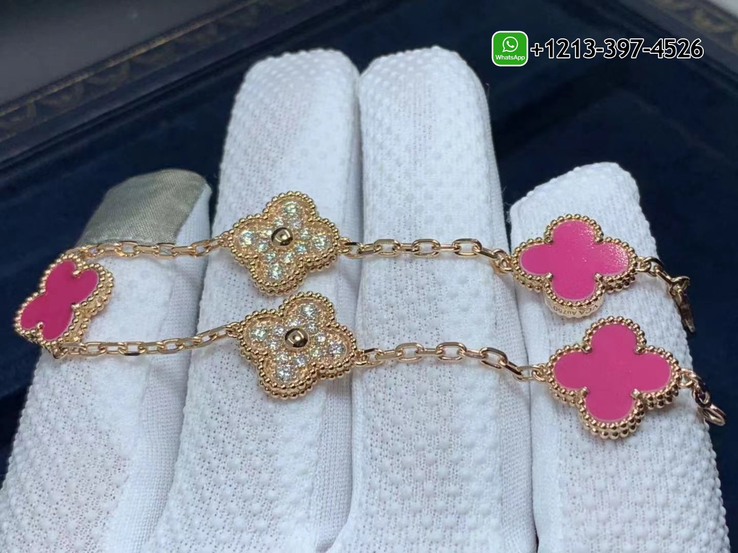 Van-Cleef-Arpels-18K-Pink-Opal-Diamond-5-Motifs-Vintage-Alhambra-Bracelet-5.jpg Custom Made Best Quality 1:1 Cheap Van Cleef & Arpels 18K Pink Opal Diamond 5 Motifs Vintage Alhambra Bracelet - High Quality 18k Gold and Diamond Luxury Distinctive Collection Designer Jewelry Customized Factory Price - Image 6