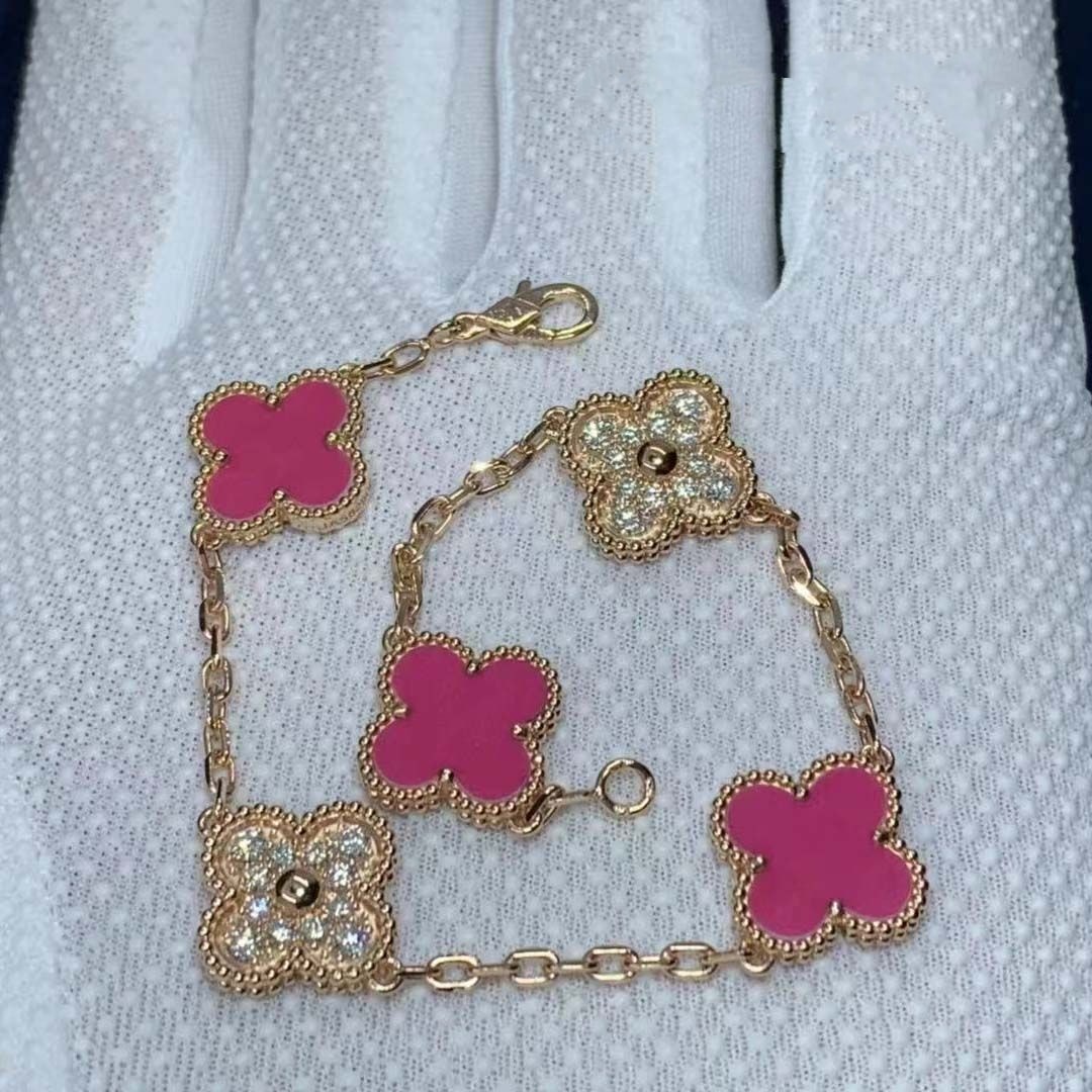 van cleef arpels 18k pink opal diamond 5 motifs vintage alhambra bracelet