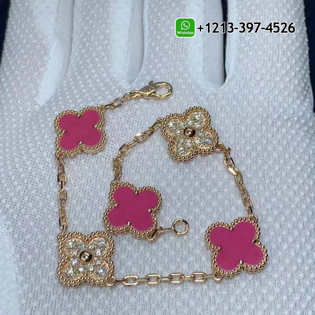 Van-Cleef-Arpels-18K-Pink-Opal-Diamond-5-Motifs-Vintage-Alhambra-Bracelet.jpg Custom Made Best Quality 1:1 Cheap Van Cleef & Arpels 18K Pink Opal Diamond 5 Motifs Vintage Alhambra Bracelet - High Quality 18k Gold and Diamond Luxury Distinctive Collection Designer Jewelry Customized Factory Price