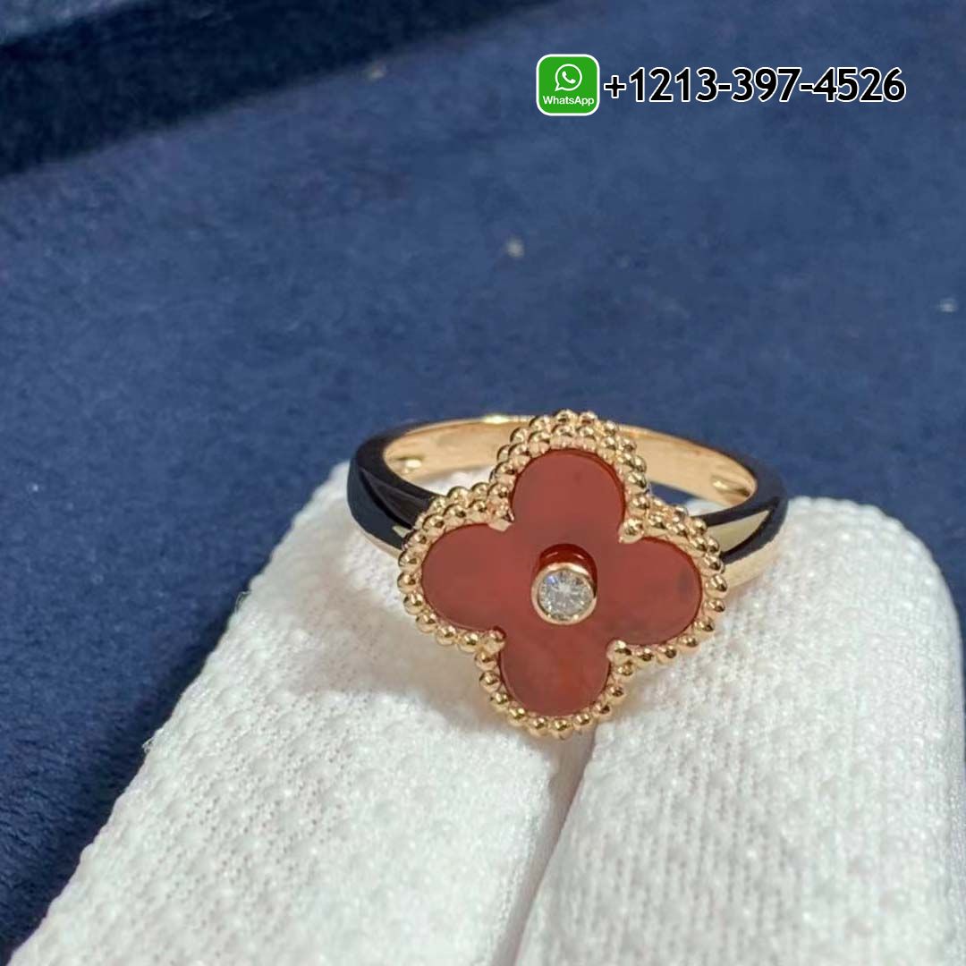 Custom Made Best Quality 1:1 Cheap Van Cleef & Arpels 18K Rose Gold Carnelian & Diamond Vintage Alhambra Ring - High Quality 18k Gold and Diamond Luxury Distinctive Collection Designer Jewelry Customized Factory Price Van Cleef Arpels 18K Rose Gold Carnelian Diamond Vintage Alhambra Ring