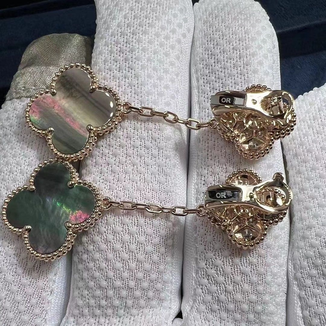 van cleef arpels 18k rose gold diamond grey mother of pearl magic alhambra 2 motifs earrings vcarp2r200 2