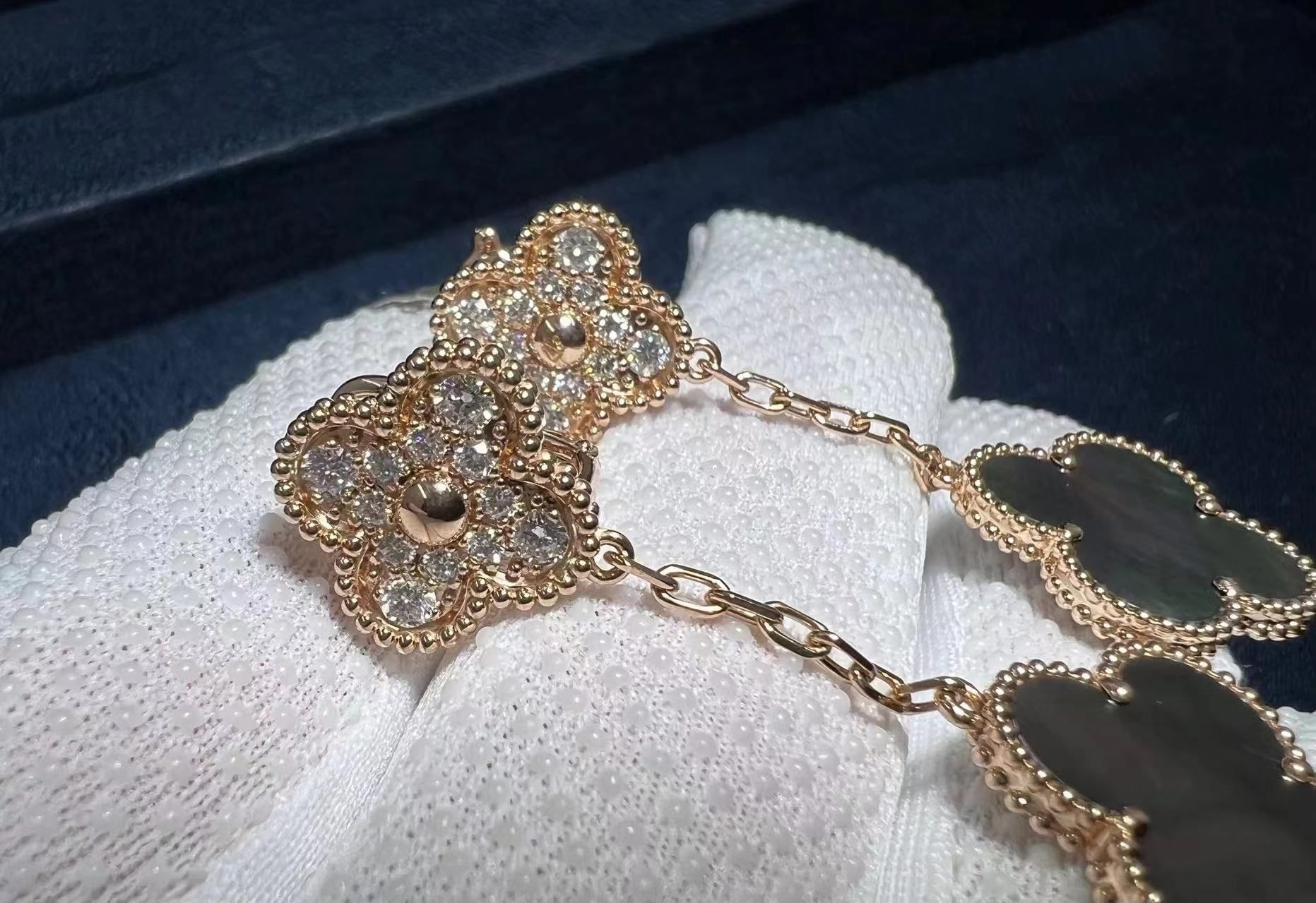 van cleef arpels 18k rose gold diamond grey mother of pearl magic alhambra 2 motifs earrings vcarp2r200 4