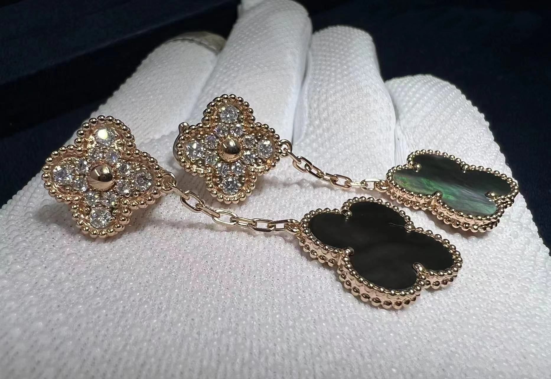 van cleef arpels 18k rose gold diamond grey mother of pearl magic alhambra 2 motifs earrings vcarp2r200 5