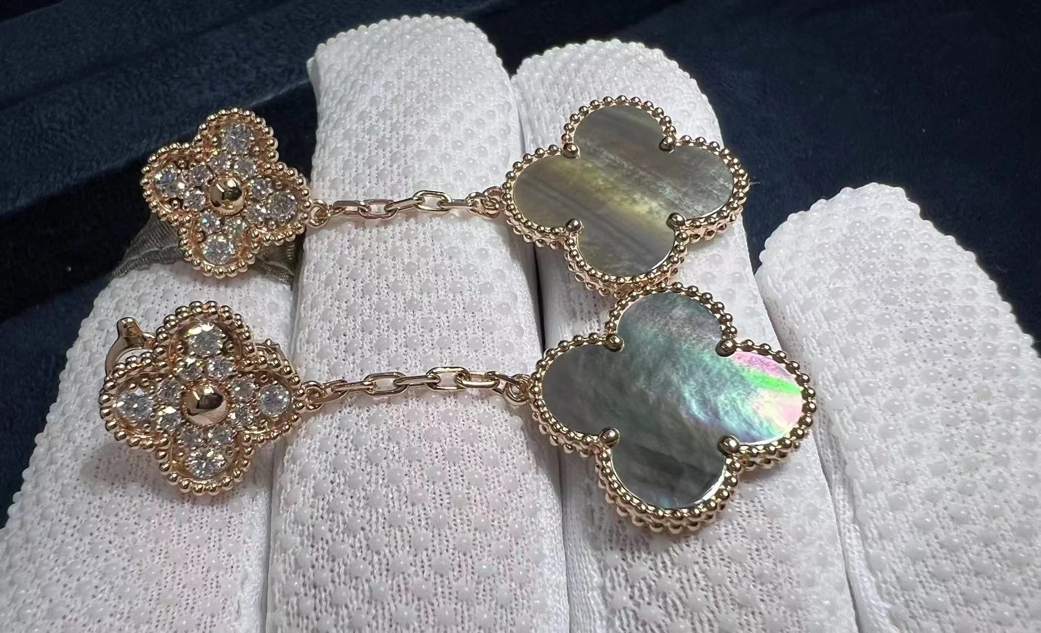 van cleef arpels 18k rose gold diamond grey mother of pearl magic alhambra 2 motifs earrings vcarp2r200