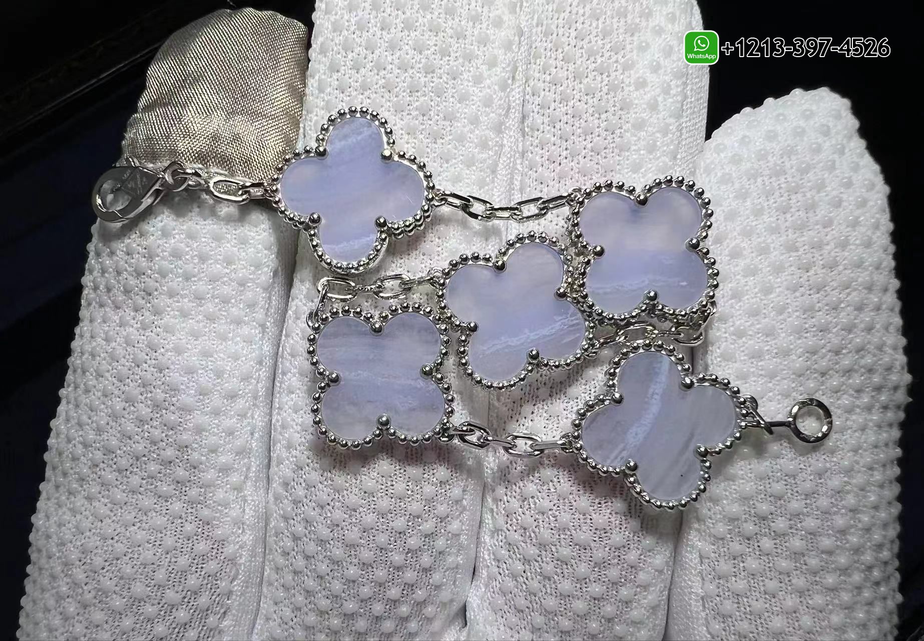 Van-Cleef-Arpels-18K-White-Gold-5-Motifs-Chalcedony-Vintage-Alhambra-Bracelet-VCARD34700-1.jpg Custom Made 1:1 Quality Van Cleef & Arpels 18K White Gold 5 Motifs Chalcedony Vintage Alhambra Bracelet - High Quality 18k Gold and Diamond Luxury Distinctive Collection Designer Jewelry Customized Factory Price - Image 3