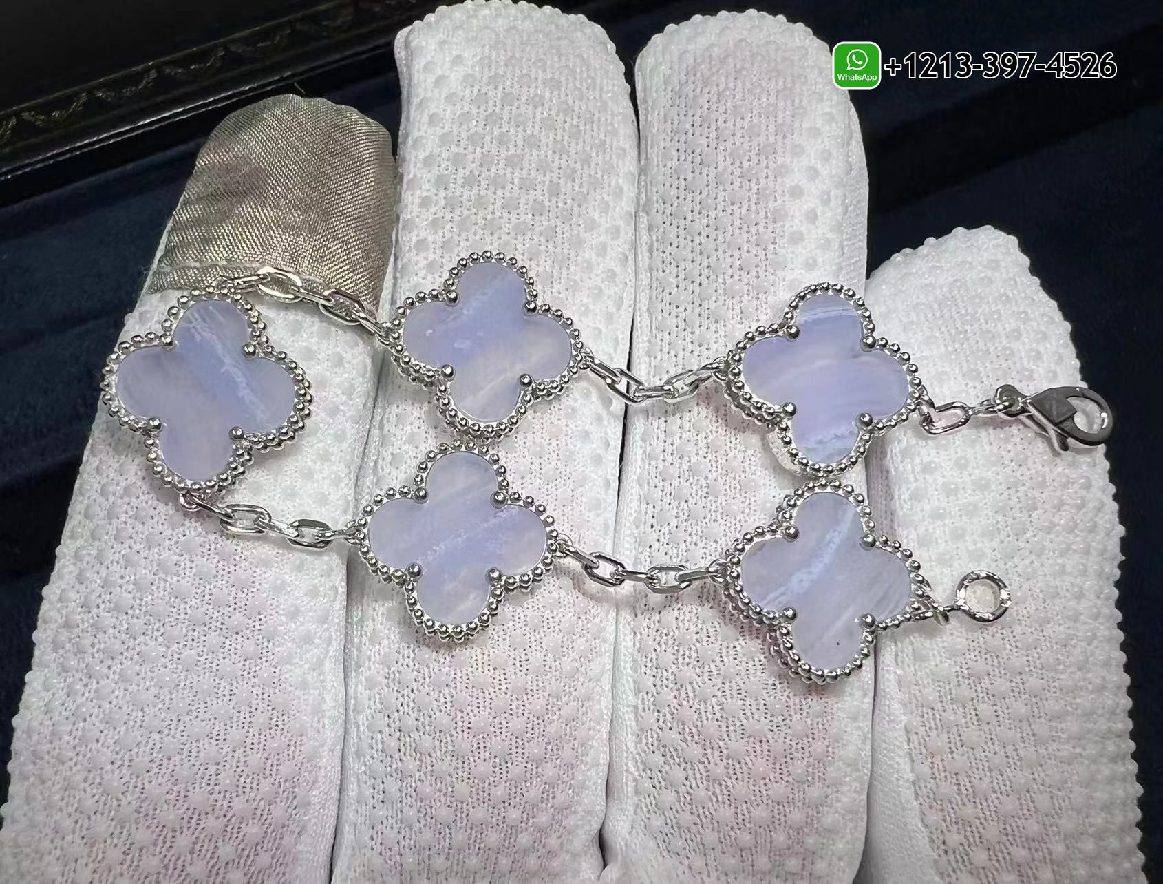 Van-Cleef-Arpels-18K-White-Gold-5-Motifs-Chalcedony-Vintage-Alhambra-Bracelet-VCARD34700-4.jpg Custom Made 1:1 Quality Van Cleef & Arpels 18K White Gold 5 Motifs Chalcedony Vintage Alhambra Bracelet - High Quality 18k Gold and Diamond Luxury Distinctive Collection Designer Jewelry Customized Factory Price - Image 2