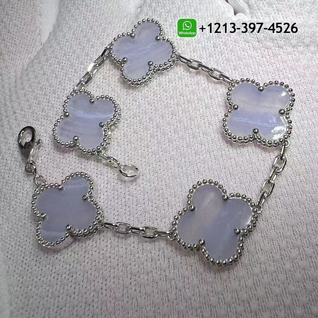 Custom Made 1:1 Quality Van Cleef & Arpels 18K White Gold 5 Motifs Chalcedony Vintage Alhambra Bracelet - High Quality 18k Gold and Diamond Luxury Distinctive Collection Designer Jewelry Customized Factory Price Van Cleef Arpels 18K White Gold 5 Motifs Chalcedony Vintage Alhambra Bracelet VCARD34700
