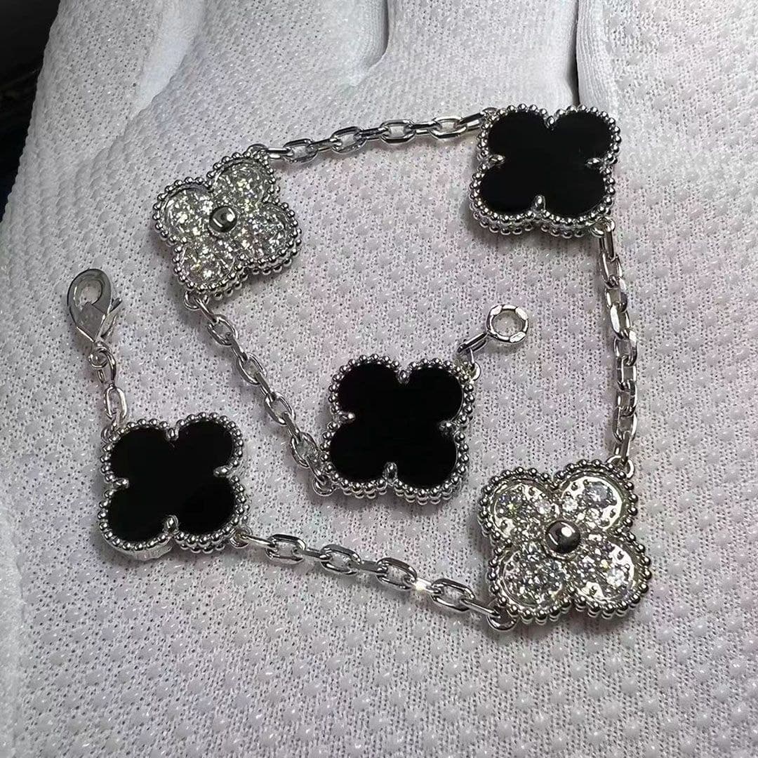 van cleef arpels 18k white gold 5 motifs diamond onyx vintage alhambra bracelet vcarp2r900