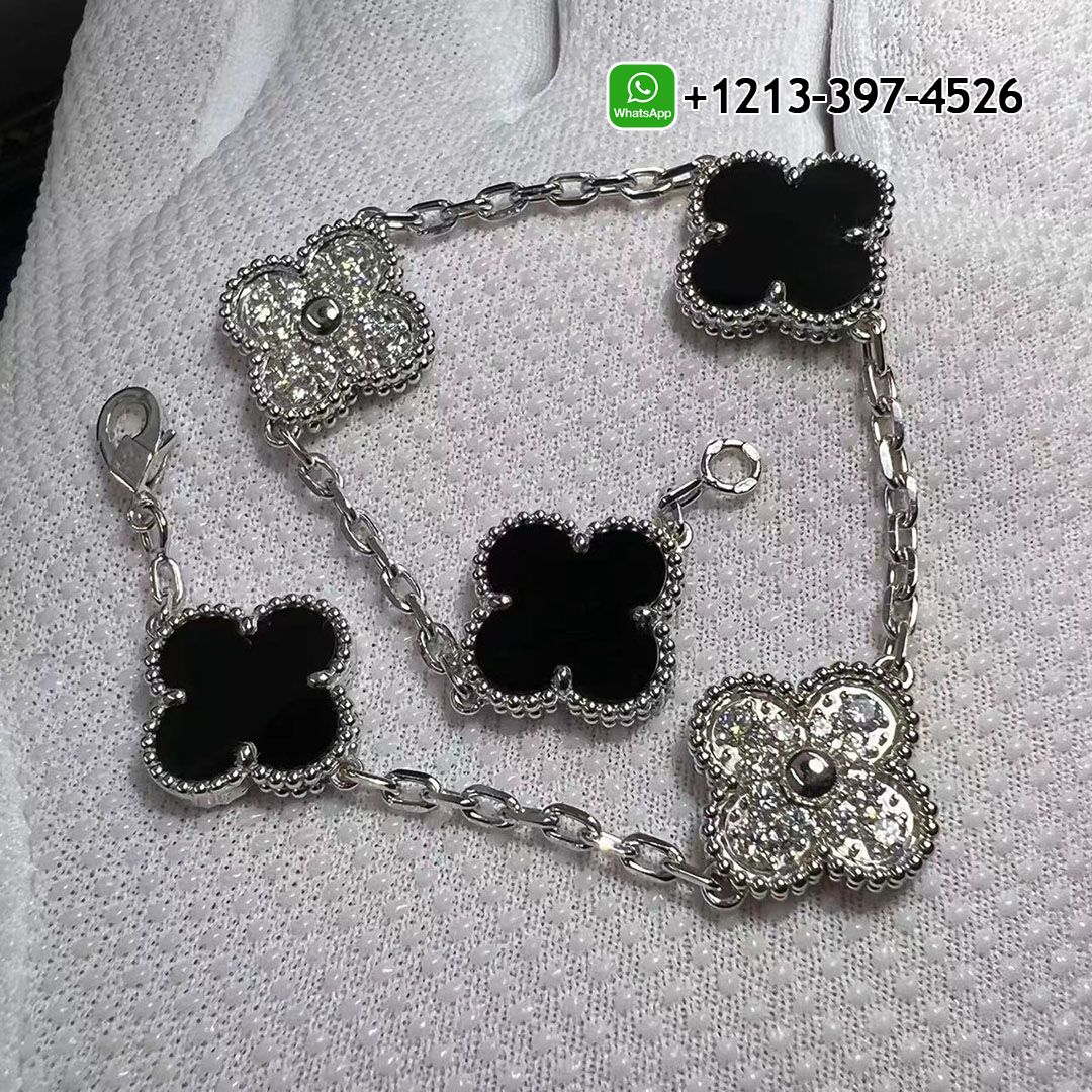 Best Sellers 1:1 Quality Cheap Custom Made Van Cleef & Arpels 18K White Gold 5 Motifs Diamond & Onyx Vintage Alhambra Bracelet - High Quality 18k Gold and Diamond Luxury Distinctive Collection Designer Jewelry Customized Factory Price