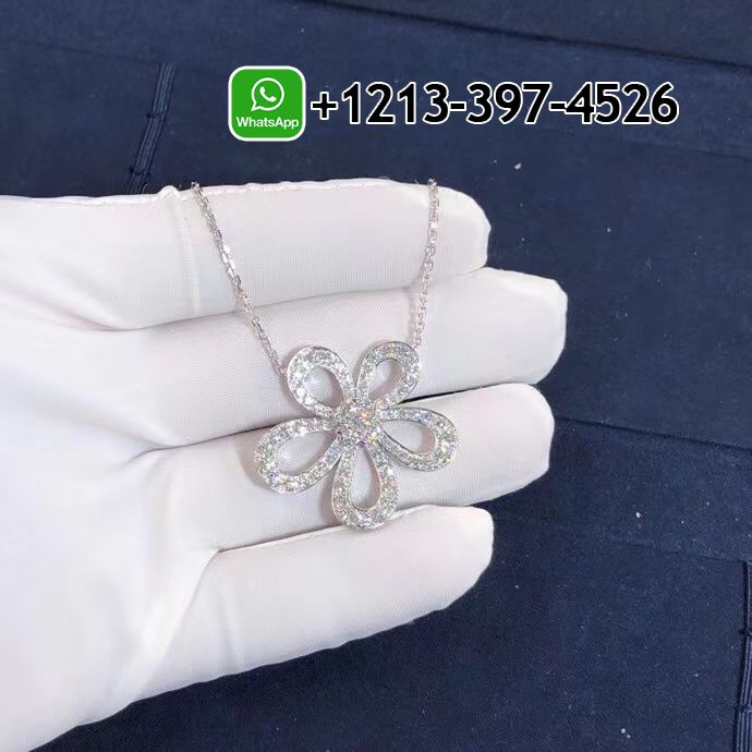 Van Cleef Arpels 18K White Gold Diamond Flowerlace Pendant Necklace VCARP05200