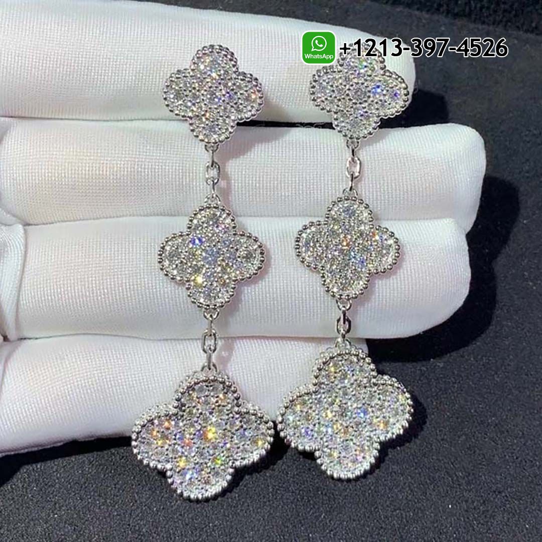 Custom Made Best Quality 1:1 Van Cleef & Arpels 18K White Gold Full Diamond 3 Motifs Magic Alhambra Earrings - High Quality 18k Gold and Diamond Luxury Distinctive Collection Designer Jewelry Customized Factory Price Van Cleef Arpels 18K White Gold Full Diamond 3 Motifs Magic Alhambra Earrings VCARN9MR00