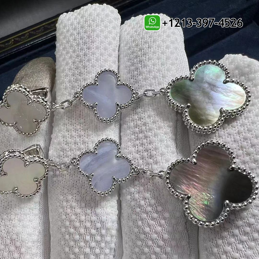 Van Cleef Arpels 18K White Gold Mother Of Pearl Chalcedony 3 Motifs Drop Magic Alhambra Earrings VCARN18800