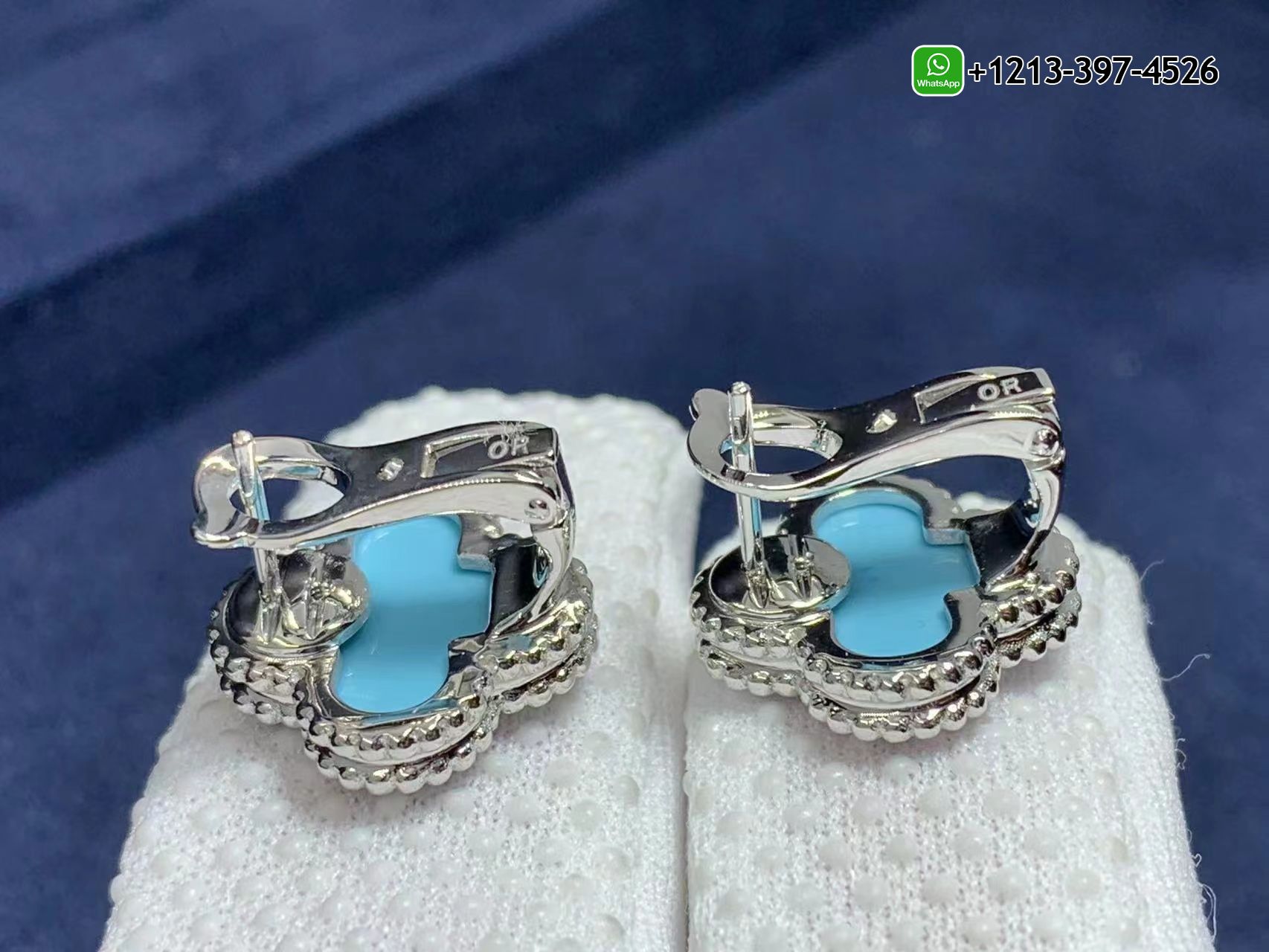 Van-Cleef-Arpels-18K-White-Gold-Turquoise-Vintage-Alhambra-Earrings-1.jpg Best Sellers 1:1 Quality Cheap Custom Made Van Cleef & Arpels 18K White Gold Turquoise Vintage Alhambra Earrings - High Quality 18k Gold and Diamond Luxury Distinctive Collection Designer Jewelry Customized Factory Price - Image 2