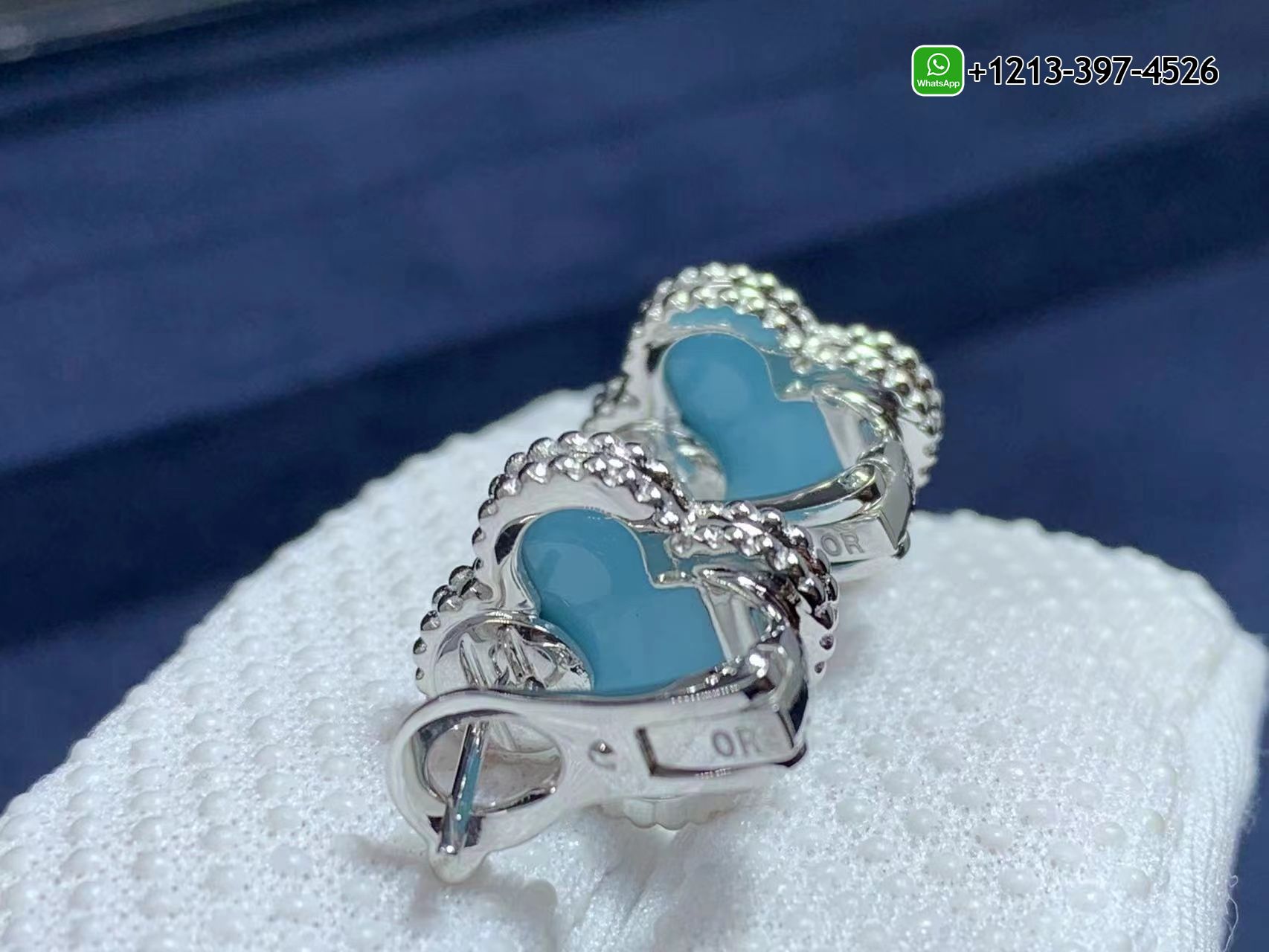 Van-Cleef-Arpels-18K-White-Gold-Turquoise-Vintage-Alhambra-Earrings-2.jpg Best Sellers 1:1 Quality Cheap Custom Made Van Cleef & Arpels 18K White Gold Turquoise Vintage Alhambra Earrings - High Quality 18k Gold and Diamond Luxury Distinctive Collection Designer Jewelry Customized Factory Price - Image 3