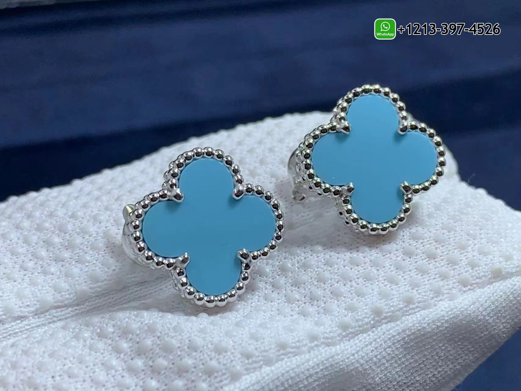 Van-Cleef-Arpels-18K-White-Gold-Turquoise-Vintage-Alhambra-Earrings-3.jpg Best Sellers 1:1 Quality Cheap Custom Made Van Cleef & Arpels 18K White Gold Turquoise Vintage Alhambra Earrings - High Quality 18k Gold and Diamond Luxury Distinctive Collection Designer Jewelry Customized Factory Price - Image 4