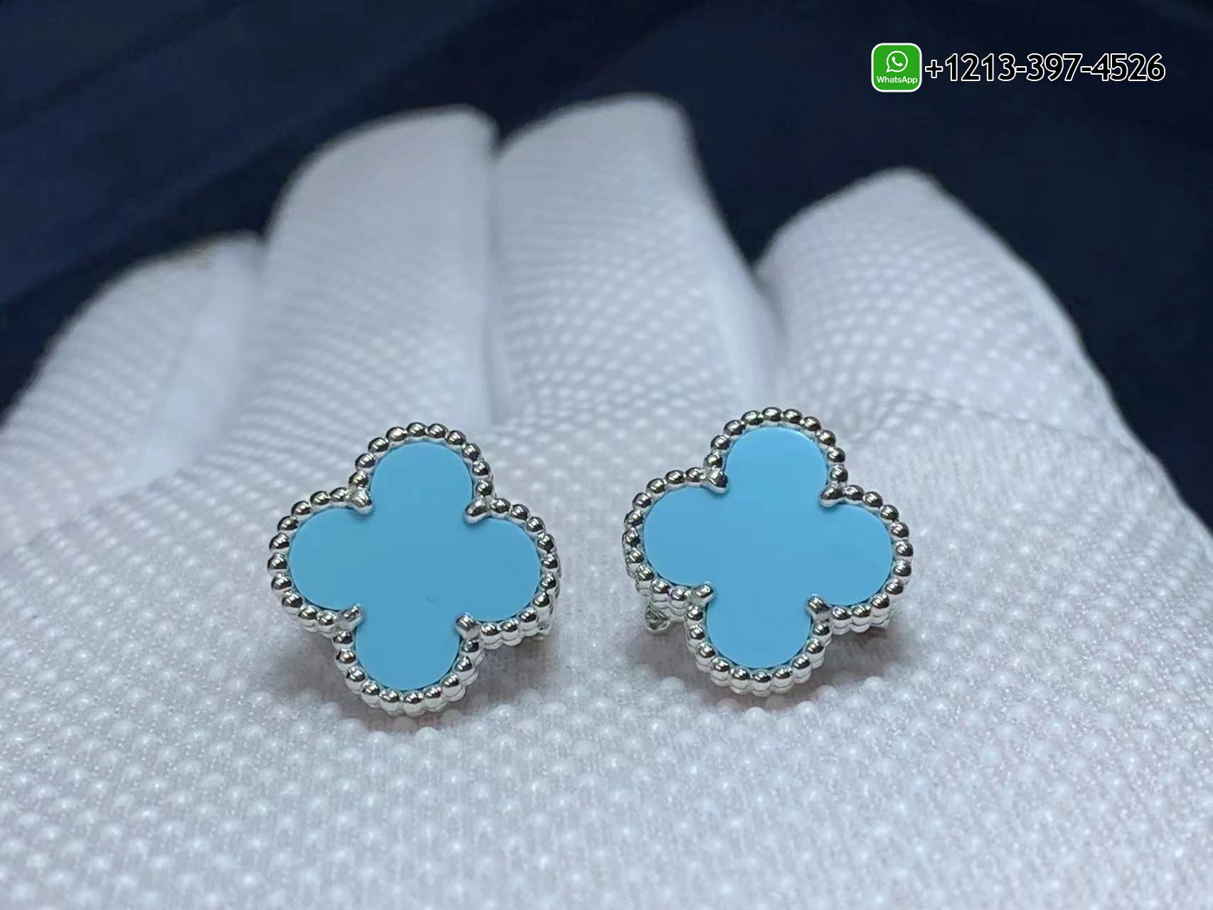 Van-Cleef-Arpels-18K-White-Gold-Turquoise-Vintage-Alhambra-Earrings-4.jpg Best Sellers 1:1 Quality Cheap Custom Made Van Cleef & Arpels 18K White Gold Turquoise Vintage Alhambra Earrings - High Quality 18k Gold and Diamond Luxury Distinctive Collection Designer Jewelry Customized Factory Price - Image 5