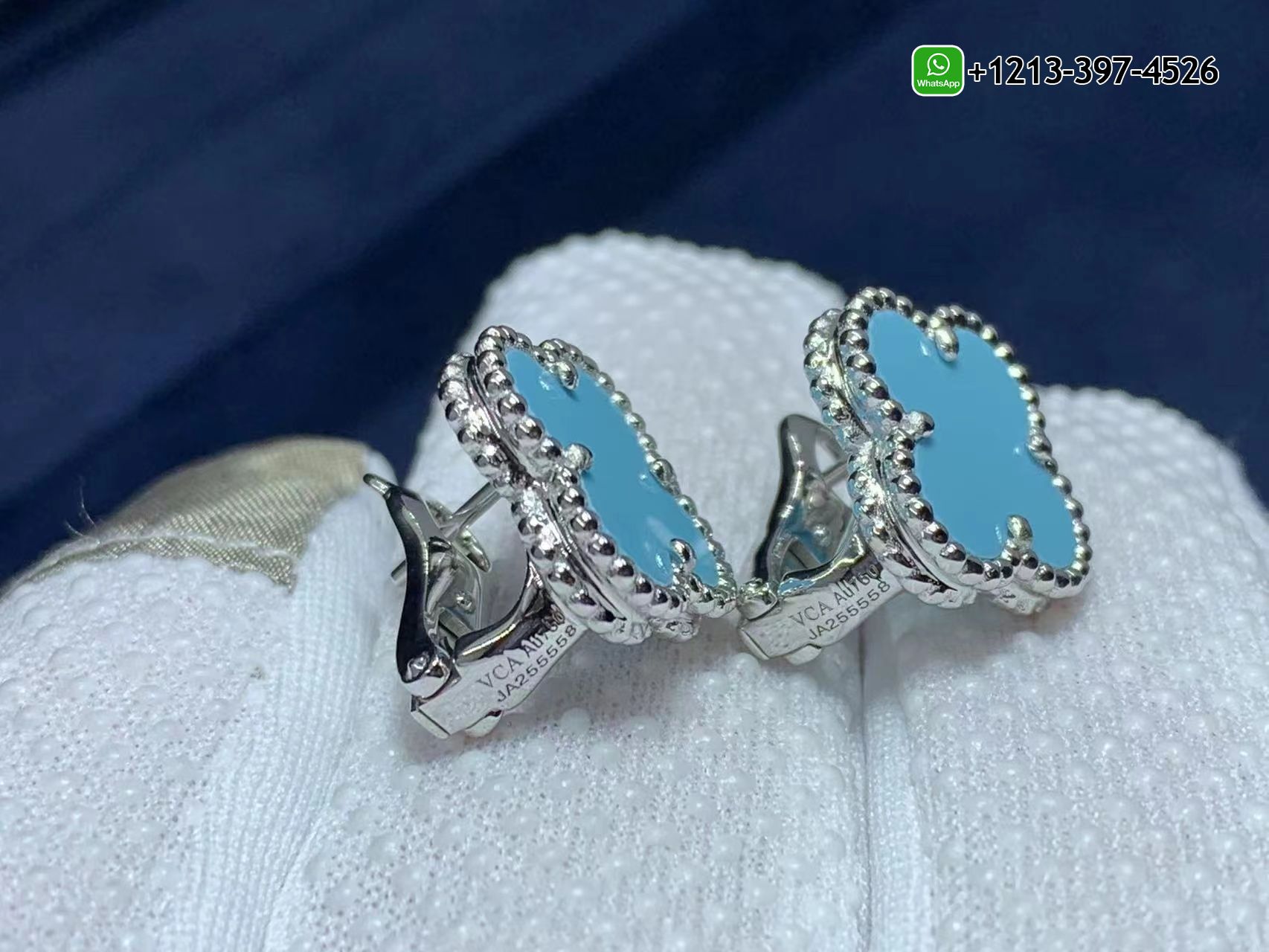 Van-Cleef-Arpels-18K-White-Gold-Turquoise-Vintage-Alhambra-Earrings-5.jpg Best Sellers 1:1 Quality Cheap Custom Made Van Cleef & Arpels 18K White Gold Turquoise Vintage Alhambra Earrings - High Quality 18k Gold and Diamond Luxury Distinctive Collection Designer Jewelry Customized Factory Price - Image 6