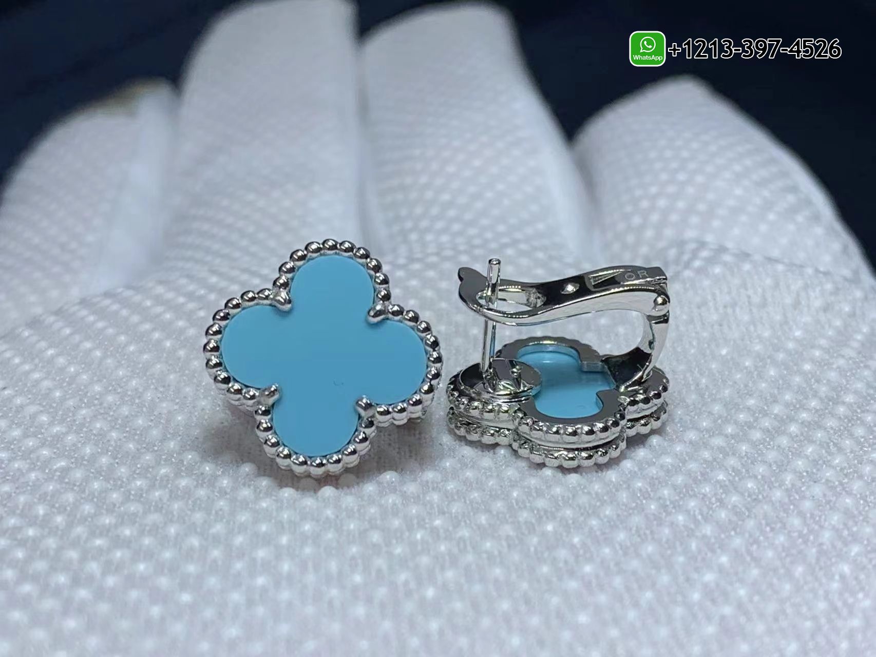 Van-Cleef-Arpels-18K-White-Gold-Turquoise-Vintage-Alhambra-Earrings-6.jpg Best Sellers 1:1 Quality Cheap Custom Made Van Cleef & Arpels 18K White Gold Turquoise Vintage Alhambra Earrings - High Quality 18k Gold and Diamond Luxury Distinctive Collection Designer Jewelry Customized Factory Price - Image 7