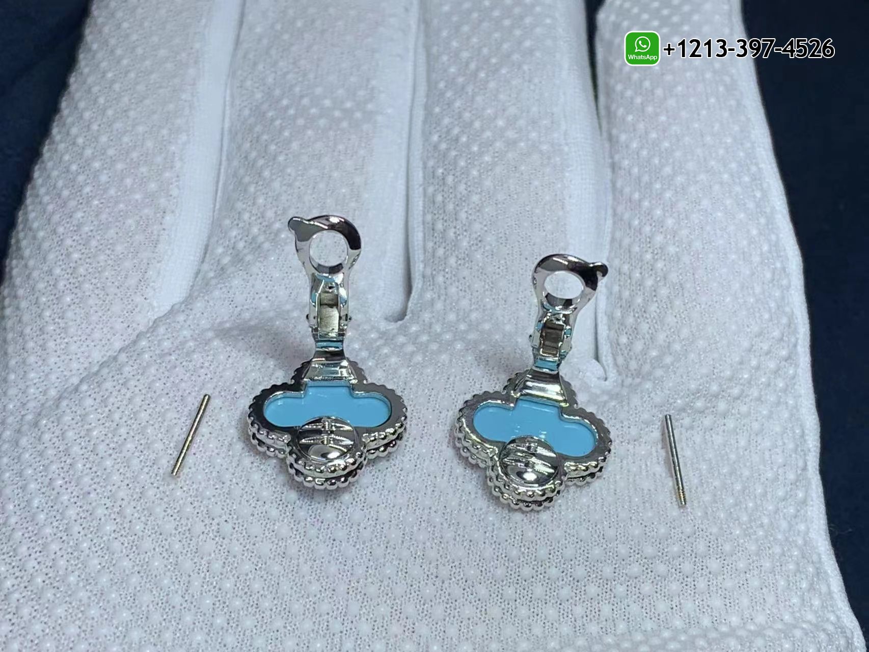 Van-Cleef-Arpels-18K-White-Gold-Turquoise-Vintage-Alhambra-Earrings-7.jpg Best Sellers 1:1 Quality Cheap Custom Made Van Cleef & Arpels 18K White Gold Turquoise Vintage Alhambra Earrings - High Quality 18k Gold and Diamond Luxury Distinctive Collection Designer Jewelry Customized Factory Price - Image 8