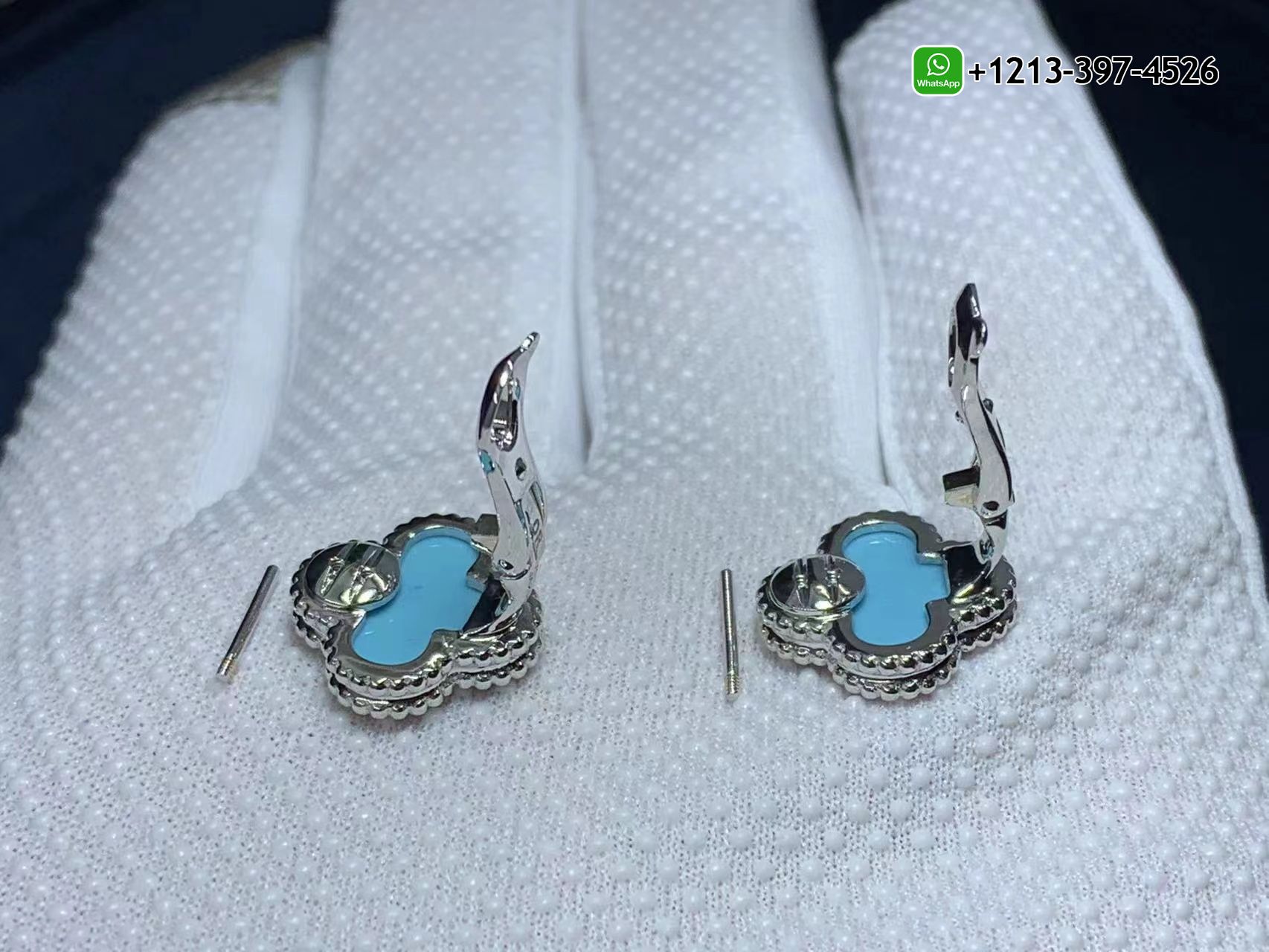 Van-Cleef-Arpels-18K-White-Gold-Turquoise-Vintage-Alhambra-Earrings-8.jpg Best Sellers 1:1 Quality Cheap Custom Made Van Cleef & Arpels 18K White Gold Turquoise Vintage Alhambra Earrings - High Quality 18k Gold and Diamond Luxury Distinctive Collection Designer Jewelry Customized Factory Price - Image 9