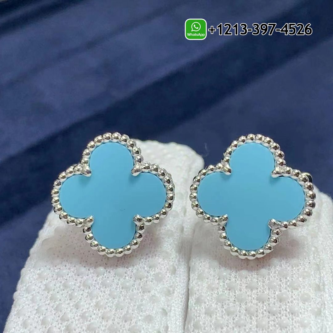 Best Sellers 1:1 Quality Cheap Custom Made Van Cleef & Arpels 18K White Gold Turquoise Vintage Alhambra Earrings - High Quality 18k Gold and Diamond Luxury Distinctive Collection Designer Jewelry Customized Factory Price Van Cleef Arpels 18K White Gold Turquoise Vintage Alhambra Earrings