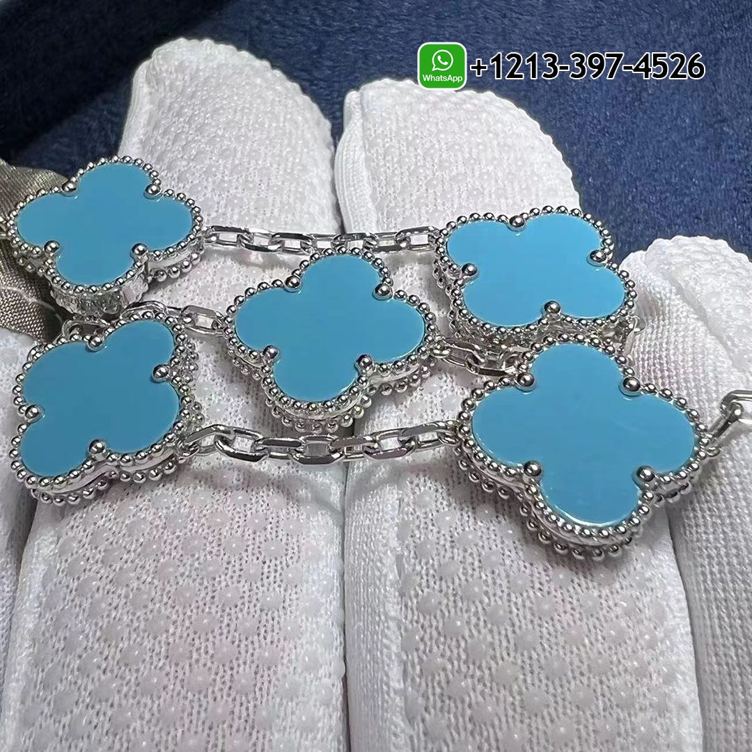 Van Cleef Arpels 18K White Gold And Turquoise 5 Motifs Alhambra Vintage Bracelet 1