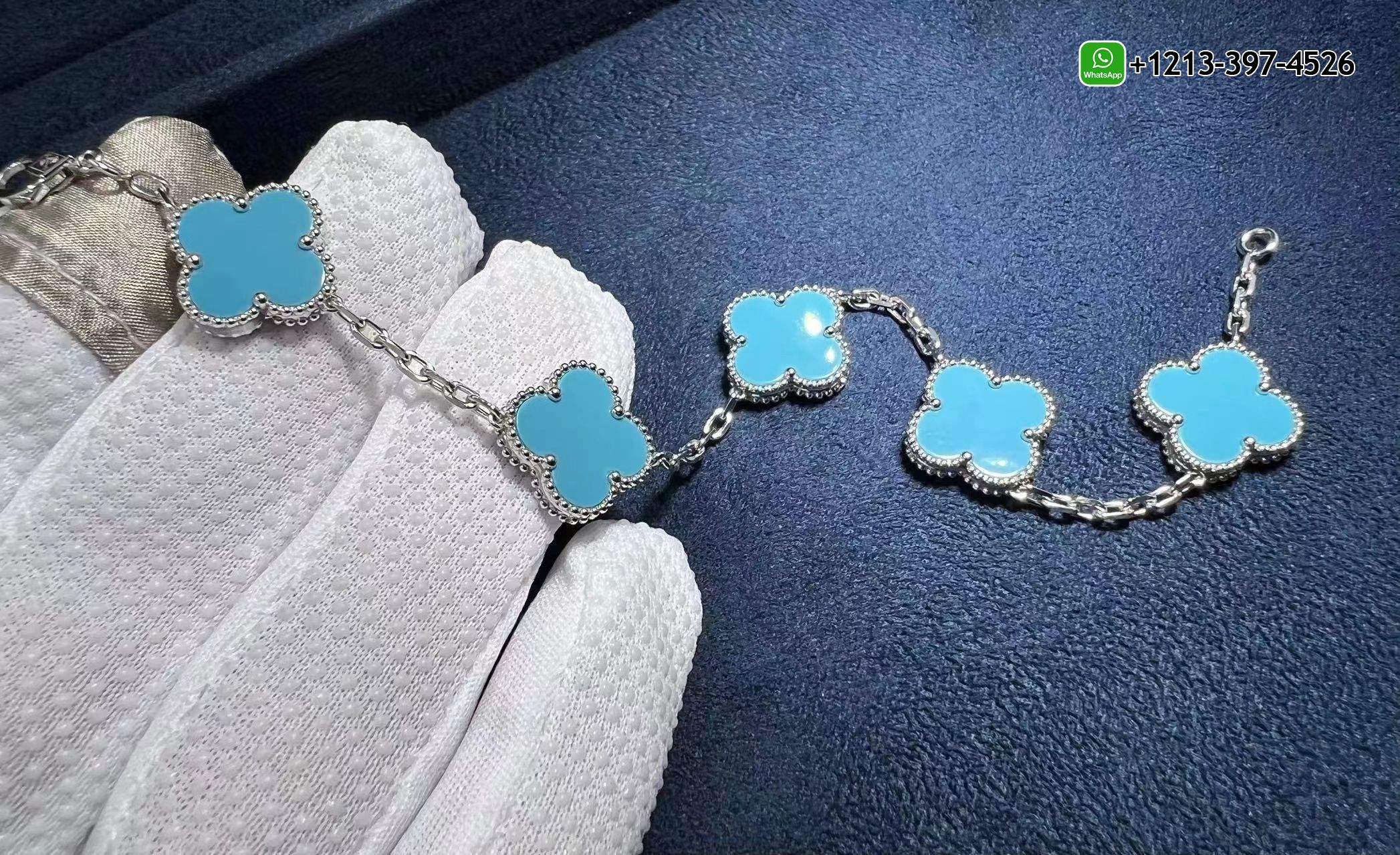 Van-Cleef-Arpels-18K-White-Gold-and-Turquoise-5-Motifs-Alhambra-Vintage-Bracelet-2.jpg Custom Made Best Sellers Quality 1:1 Copy Van Cleef & Arpels 18K White Gold and Turquoise 5 Motifs Alhambra Vintage Bracelet - High Quality 18k Gold and Diamond Luxury Distinctive Collection Designer Jewelry Customized Factory Price - Image 3