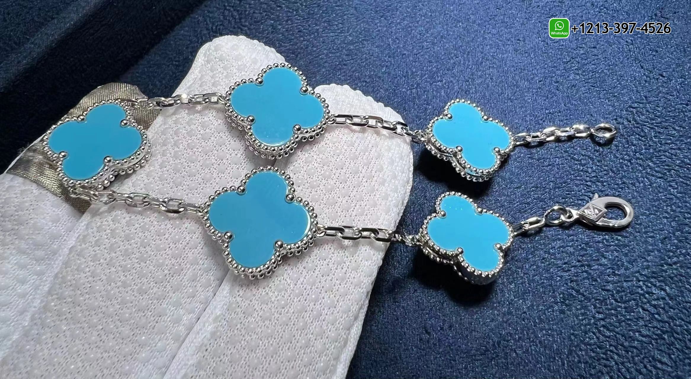 Van-Cleef-Arpels-18K-White-Gold-and-Turquoise-5-Motifs-Alhambra-Vintage-Bracelet-3.jpg Custom Made Best Sellers Quality 1:1 Copy Van Cleef & Arpels 18K White Gold and Turquoise 5 Motifs Alhambra Vintage Bracelet - High Quality 18k Gold and Diamond Luxury Distinctive Collection Designer Jewelry Customized Factory Price - Image 4