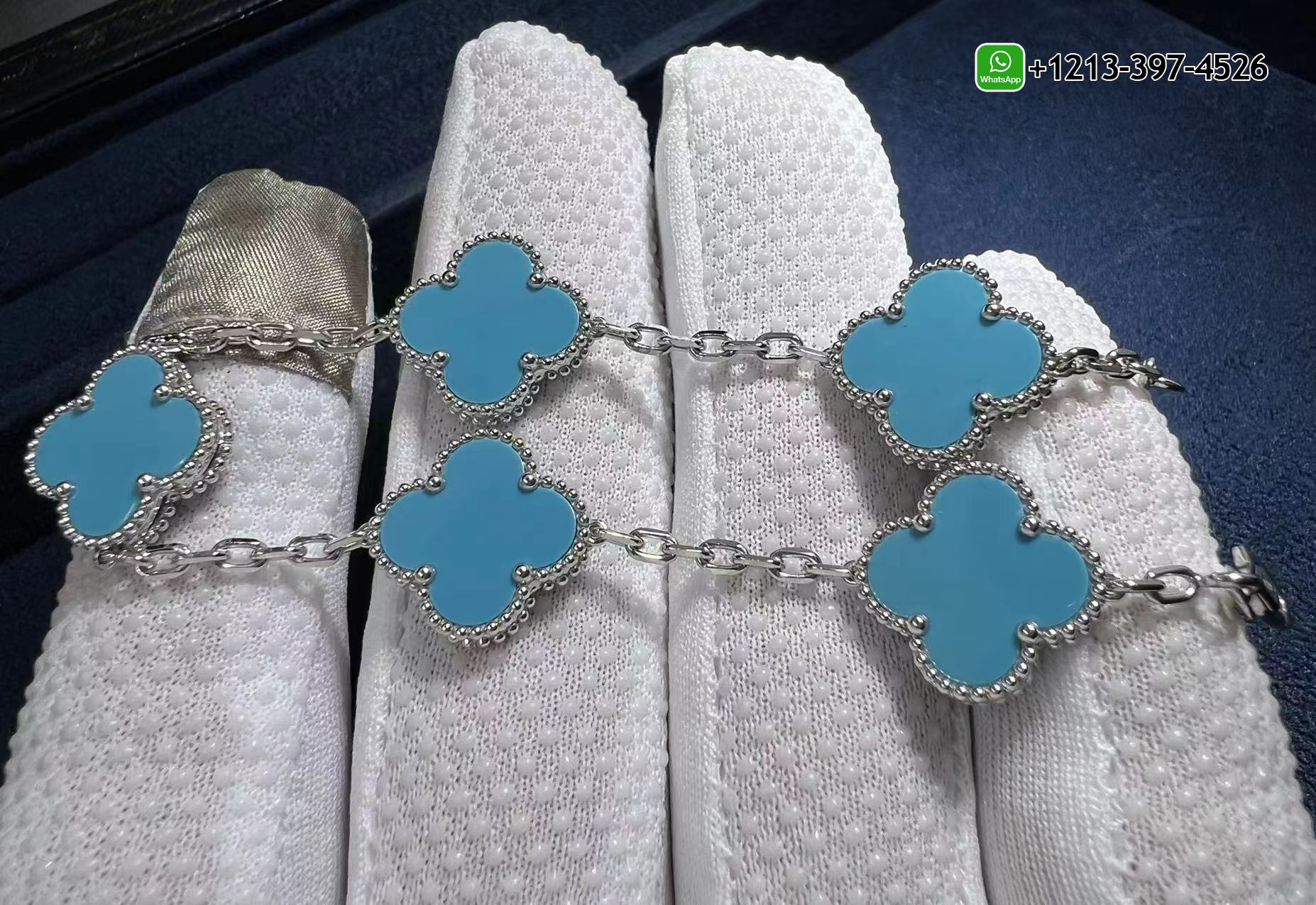 Van-Cleef-Arpels-18K-White-Gold-and-Turquoise-5-Motifs-Alhambra-Vintage-Bracelet-4.jpg Custom Made Best Sellers Quality 1:1 Copy Van Cleef & Arpels 18K White Gold and Turquoise 5 Motifs Alhambra Vintage Bracelet - High Quality 18k Gold and Diamond Luxury Distinctive Collection Designer Jewelry Customized Factory Price - Image 5