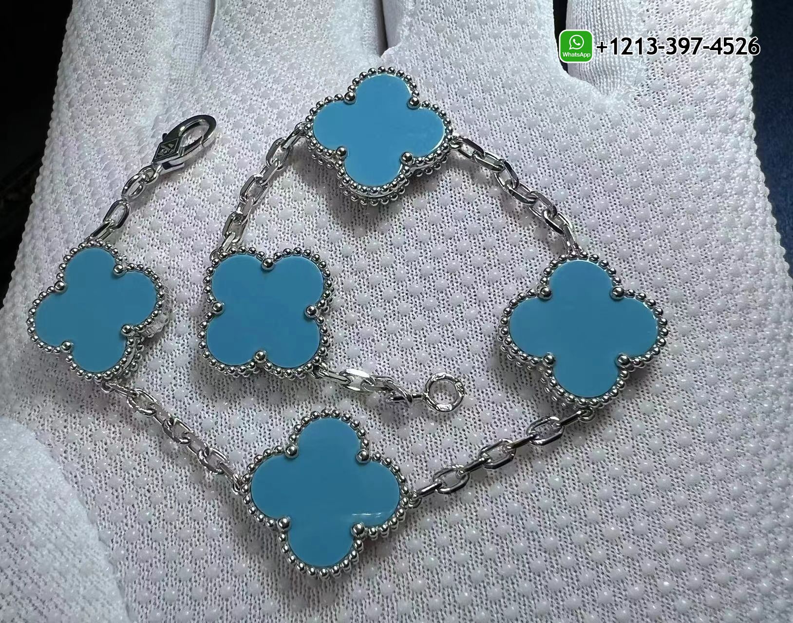 Van-Cleef-Arpels-18K-White-Gold-and-Turquoise-5-Motifs-Alhambra-Vintage-Bracelet.jpg Custom Made Best Sellers Quality 1:1 Copy Van Cleef & Arpels 18K White Gold and Turquoise 5 Motifs Alhambra Vintage Bracelet - High Quality 18k Gold and Diamond Luxury Distinctive Collection Designer Jewelry Customized Factory Price - Image 2