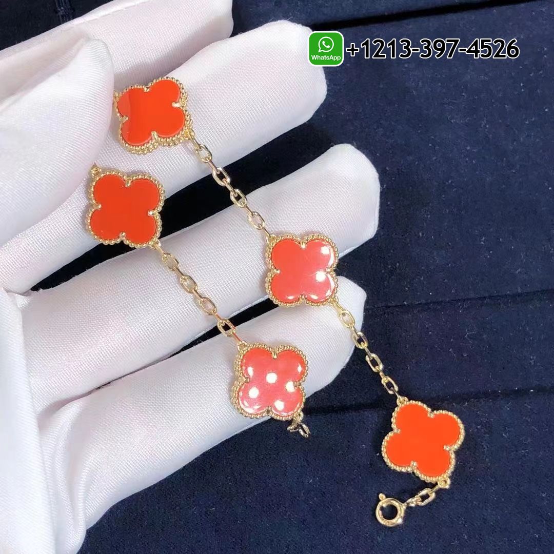 Best Sellers 1:1 Quality Cheap Custom Made Van Cleef & Arpels 18K Yellow Gold Coral 5 Motifs Vintage Alhambra Bracelet - High Quality 18k Gold and Diamond Luxury Distinctive Collection Designer Jewelry Customized Factory Price Van Cleef Arpels 18K Yellow Gold Coral 5 Motifs Vintage Alhambra Bracelet