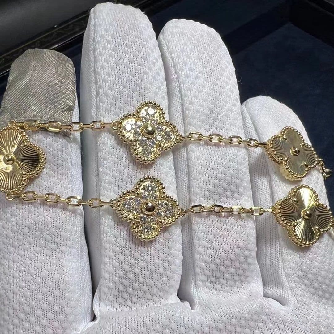 van cleef arpels 18k yellow gold diamond 5 motifs guilloche vintage alhambra bracelet vcarp4kn00 5