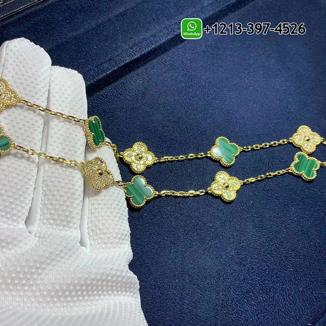 Van Cleef Arpels 18K Yellow Gold Diamond Malachite 10 Motifs Vintage Alhambra Necklace VCARO9J400