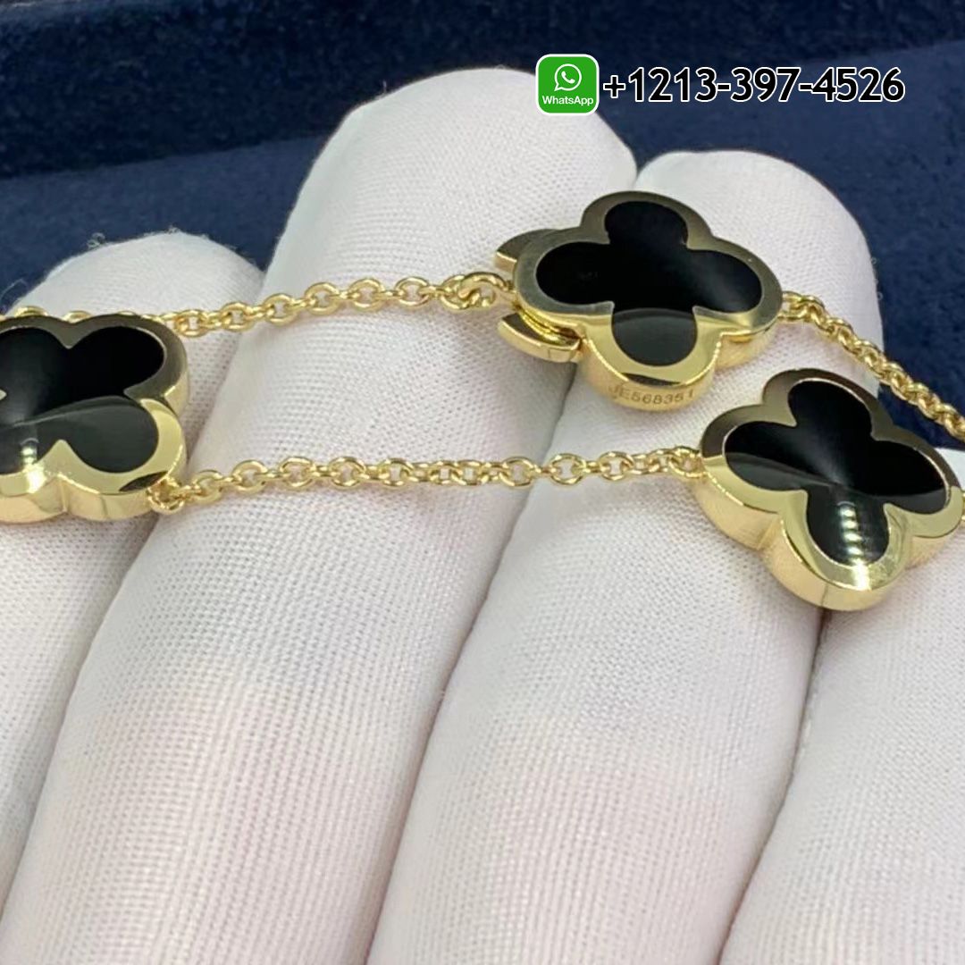 Van Cleef Arpels 18K Yellow Gold Onyx Pure Alhambra 9 Motif Long Necklace