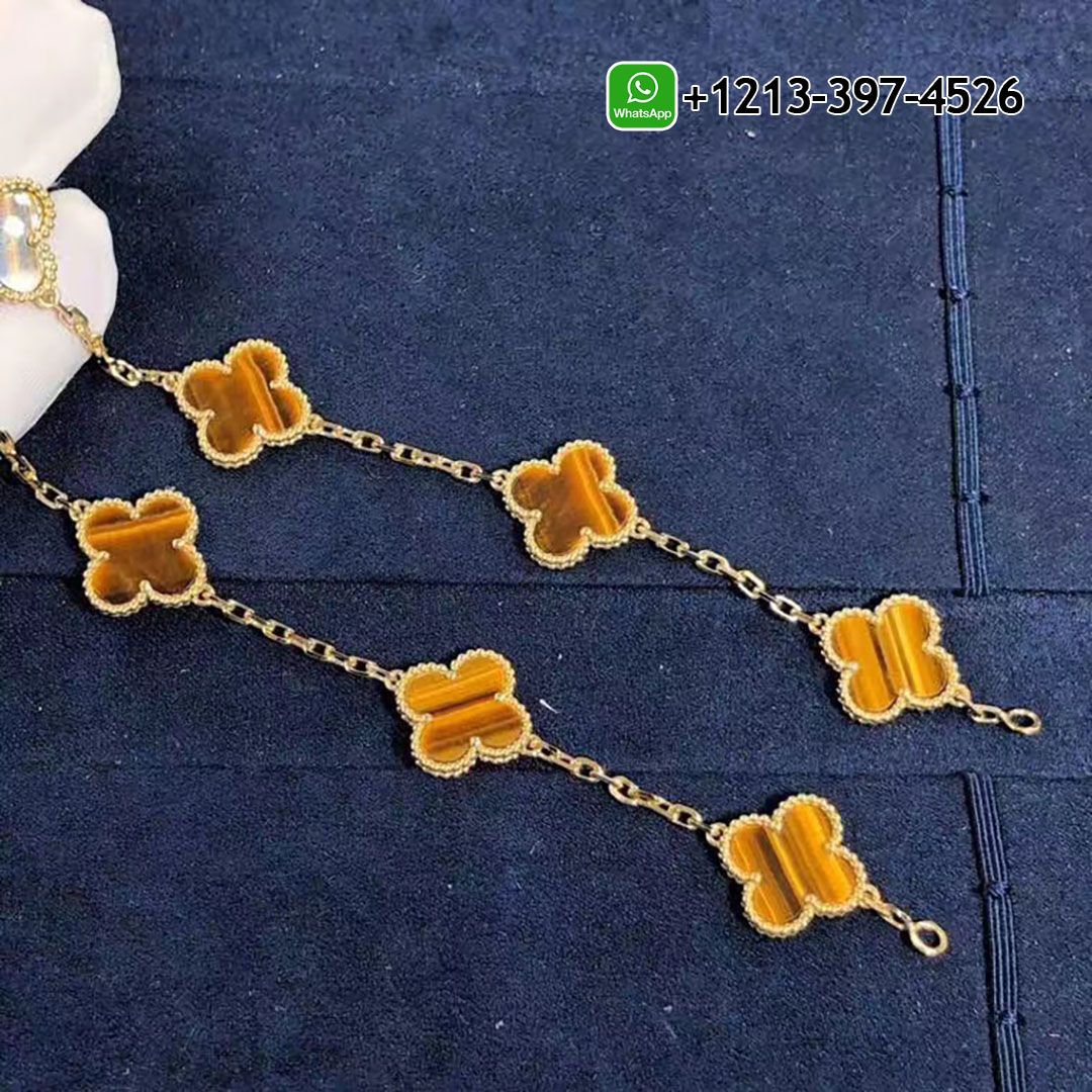 Van Cleef Arpels 18K Yellow Gold Tiger Eye 10 Motifs Vintage Alhambra Necklace VCARD40700