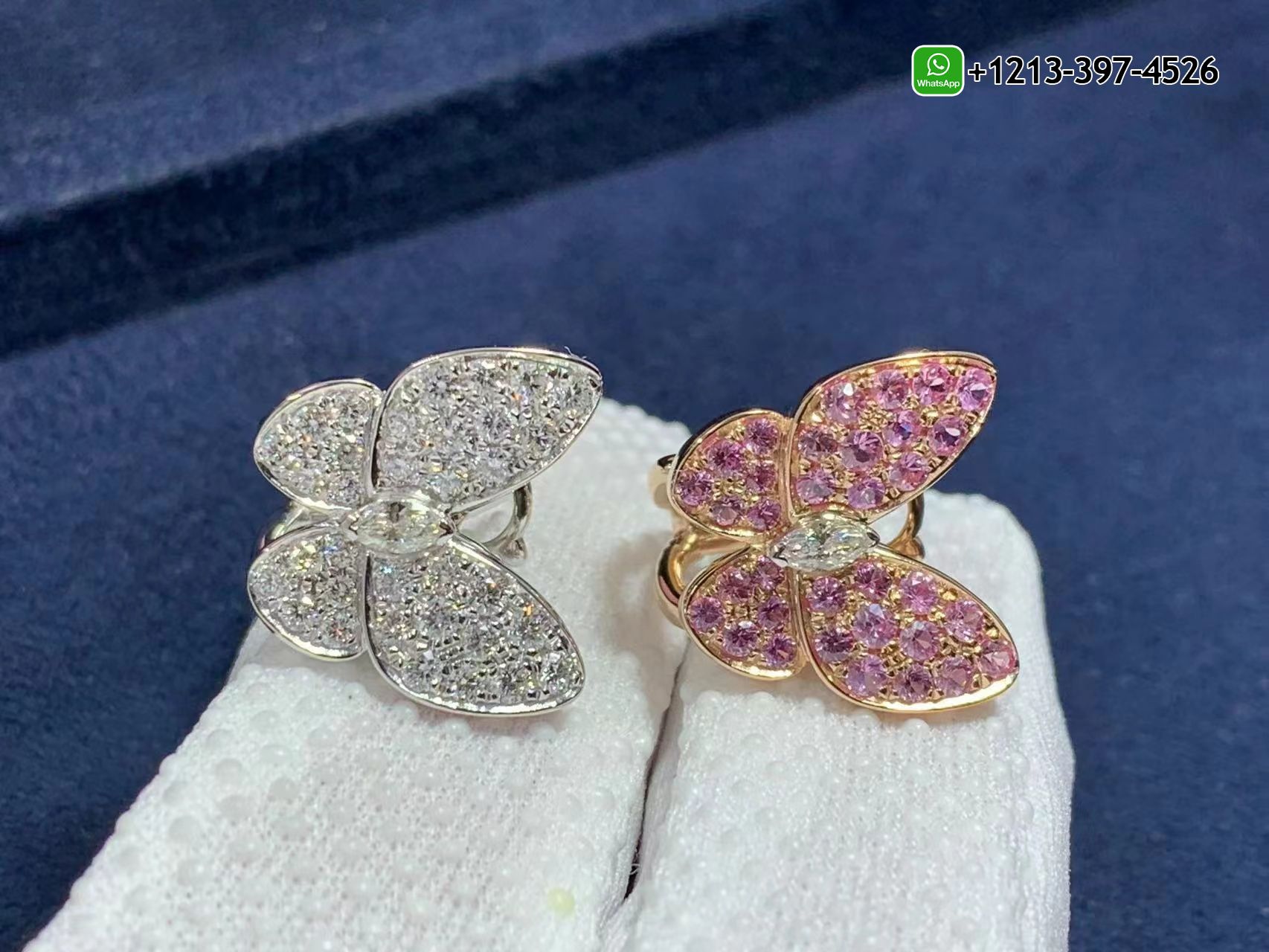 Van-Cleef-Arpels-18k-Gold-Diamond-and-Pink-Sapphire-Two-Butterfly-Earrings-VCARO3M600-2.jpg Custom Made Best Quality 1:1 Van Cleef & Arpels 18k Gold Diamond and Pink Sapphire Two Butterfly Earrings - High Quality 18k Gold and Diamond Luxury Distinctive Collection Designer Jewelry Customized Factory Price - Image 3
