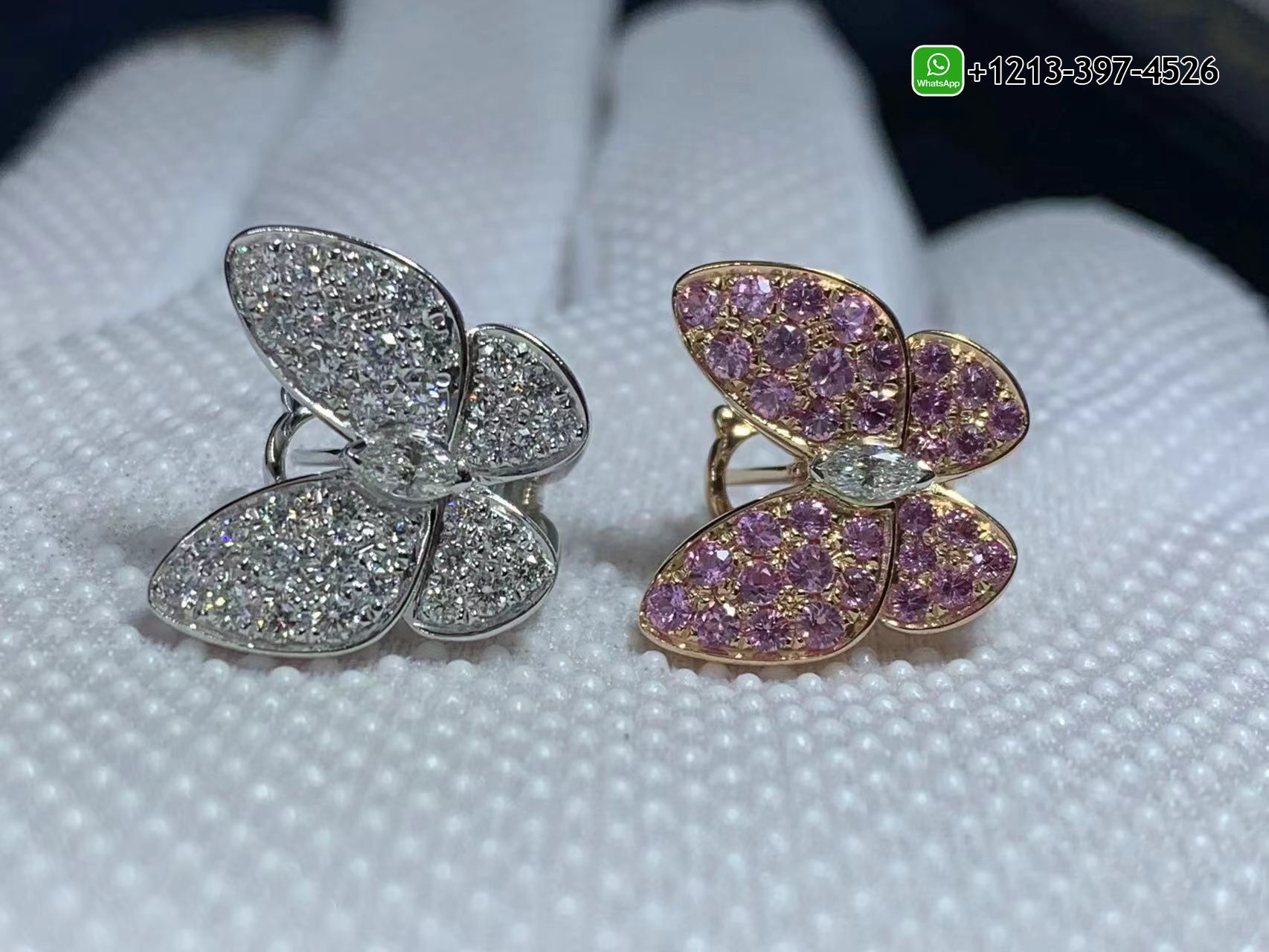 Van-Cleef-Arpels-18k-Gold-Diamond-and-Pink-Sapphire-Two-Butterfly-Earrings-VCARO3M600-6.jpg Custom Made Best Quality 1:1 Van Cleef & Arpels 18k Gold Diamond and Pink Sapphire Two Butterfly Earrings - High Quality 18k Gold and Diamond Luxury Distinctive Collection Designer Jewelry Customized Factory Price - Image 7