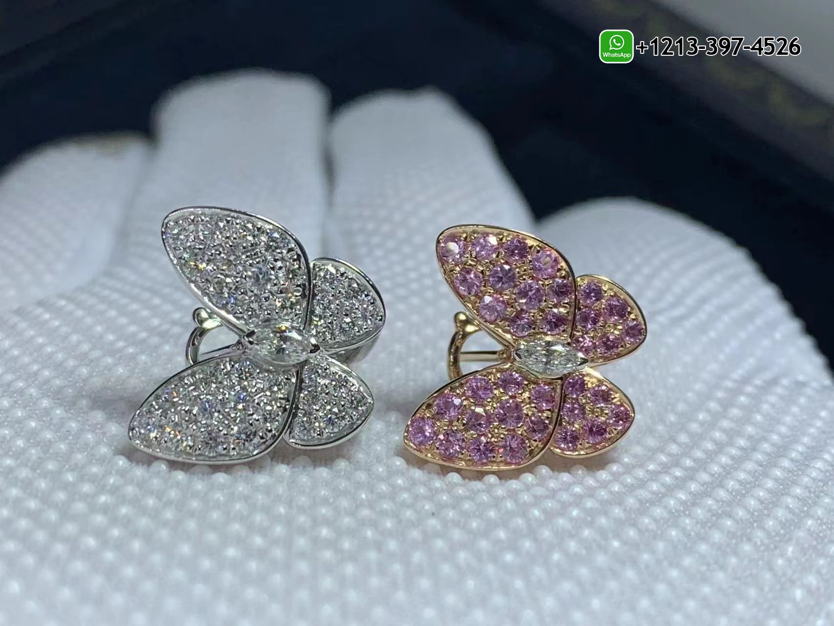 Van-Cleef-Arpels-18k-Gold-Diamond-and-Pink-Sapphire-Two-Butterfly-Earrings-VCARO3M600-7.jpg Custom Made Best Quality 1:1 Van Cleef & Arpels 18k Gold Diamond and Pink Sapphire Two Butterfly Earrings - High Quality 18k Gold and Diamond Luxury Distinctive Collection Designer Jewelry Customized Factory Price - Image 8
