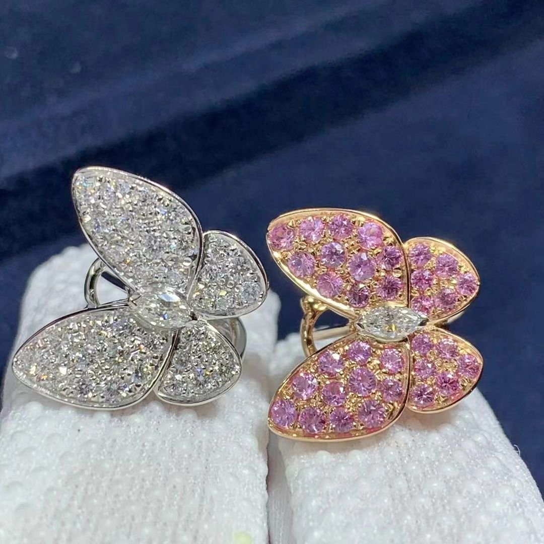 van cleef arpels 18k gold diamond and pink sapphire two butterfly earrings vcaro3m600
