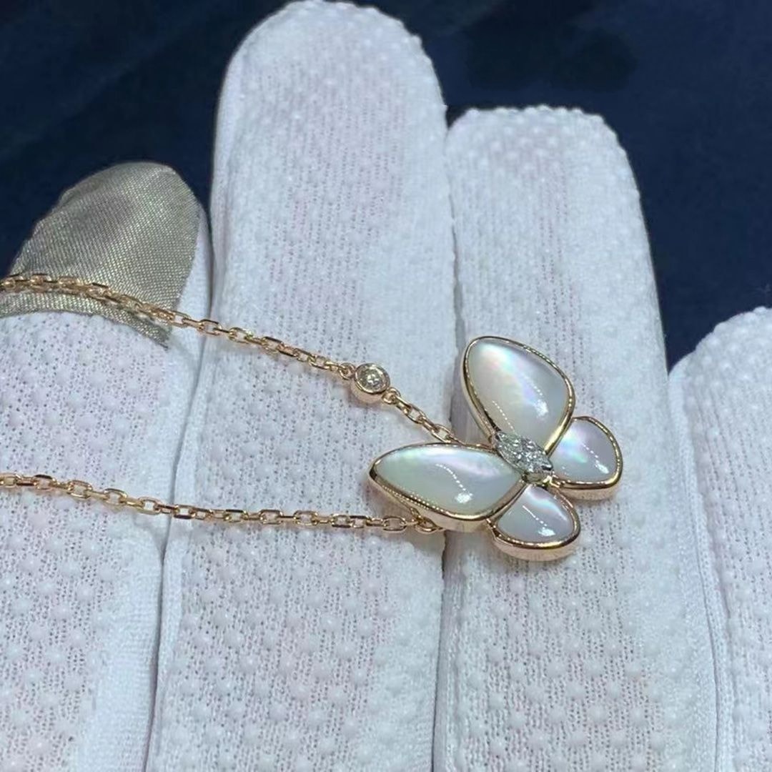 van cleef arpels 18k pink gold mother of pearl and diamond two butterfly pendant necklace vcaro8fo00