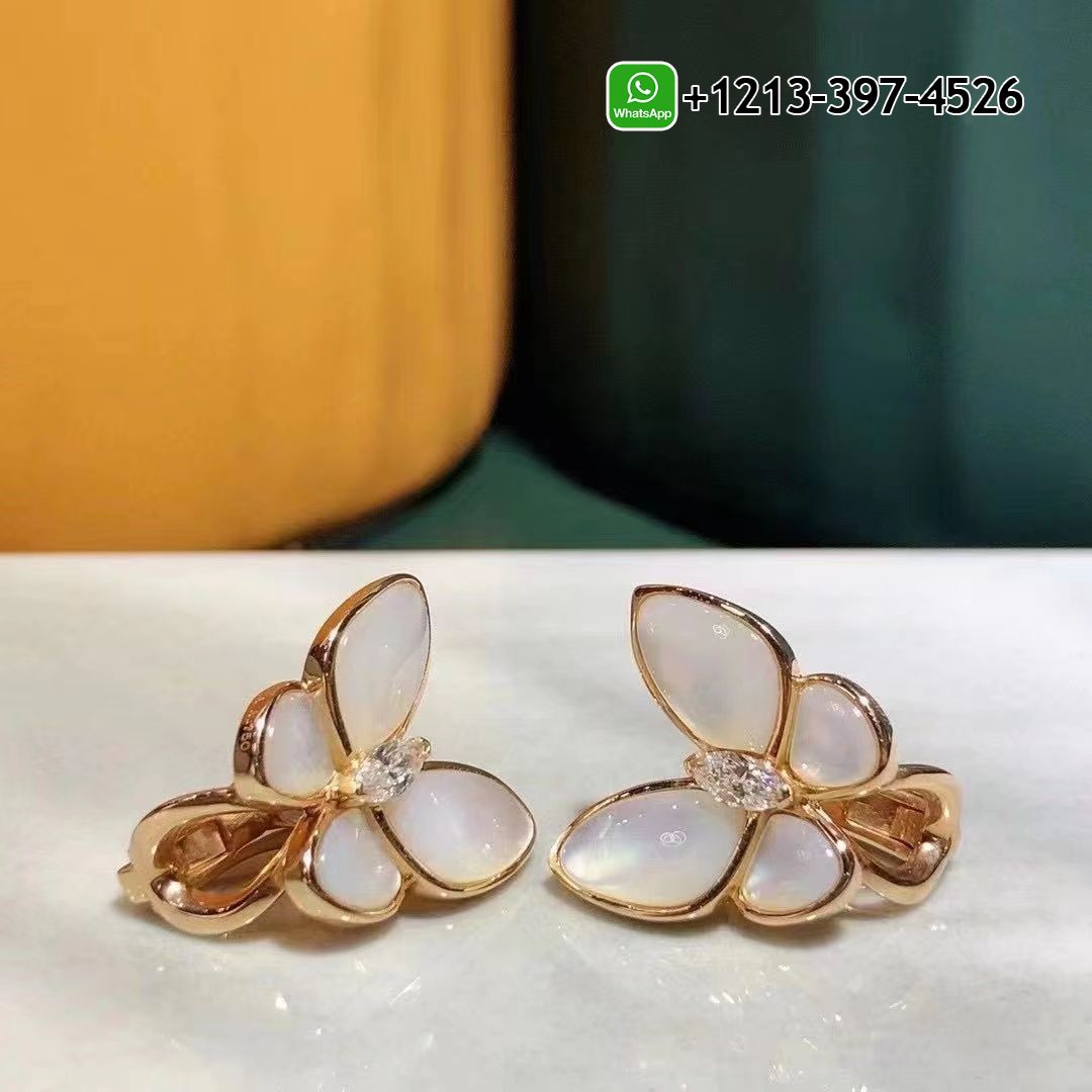 Custom Made Best Quality 1:1 Van Cleef & Arpels 18k Rose Gold Diamond Mother of Pearl Two Butterfly Earrings - High Quality 18k Gold and Diamond Luxury Distinctive Collection Designer Jewelry Customized Factory Price Van Cleef Arpels 18k Rose Gold Diamond Mother Of Pearl Two Butterfly Earrings VCARO8FN00