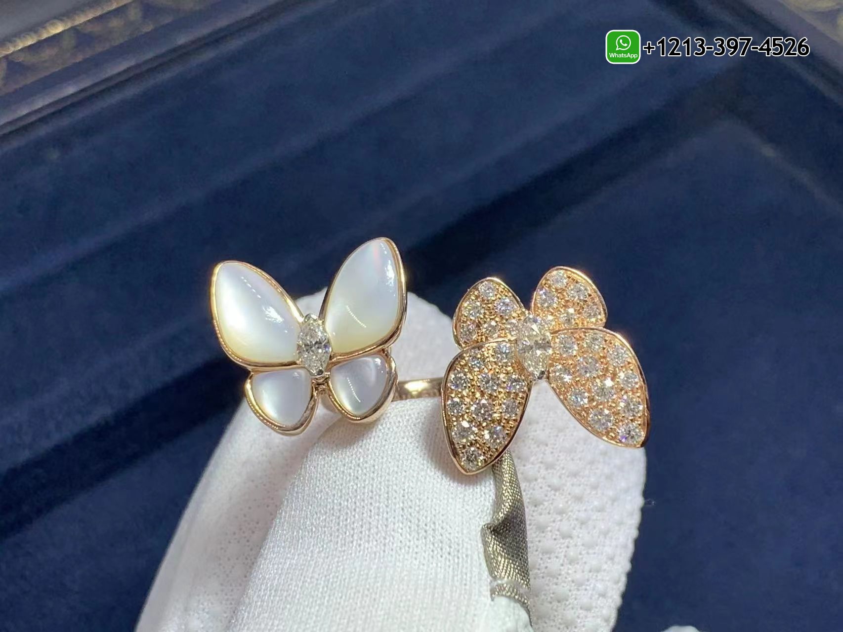 Van-Cleef-Arpels-18k-Rose-Gold-Diamond-and-Mother-of-pearl-Two-Butterfly-Between-the-Finger-Ring-VCARO7AL00-4.jpg Custom Made Best Quality 1:1 Cheap Van Cleef & Arpels 18k Rose Gold Diamond and Mother-of-pearl Two Butterfly Between the Finger Ring - High Quality 18k Gold and Diamond Luxury Distinctive Collection Designer Jewelry Customized Factory Price - Image 5
